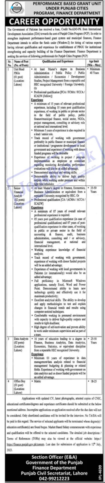 Finance Department Government of Punjab Jobs 2023