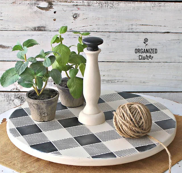 A Buffalo Checked Thrift Shop Lazy Susan Upcycle #oldsignstencils #buffalocheck  #stenciling #thriftshopmakeover #Dixiebellepaint #lazysusan #farmhousekitchen