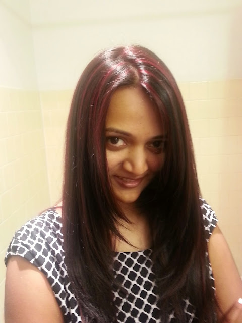 indian girl with red highlights, red color on black hair, hair color tips for indian hair, red color on indian skin with black hair