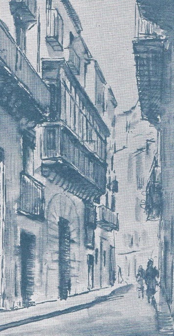 Calle del Pintor Fillol. Mi casa con la balconada. Dibujo de Ginestá, años 60