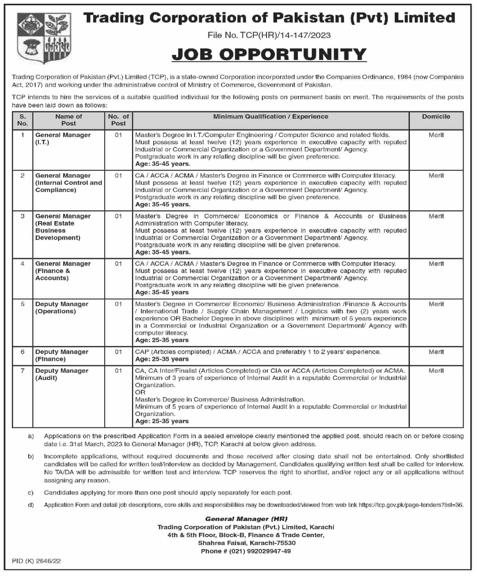 Trading Corporation of Pakistan Limited Management Posts Karachi 2023