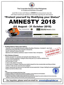 Filed under the category of Abu Dhabi, Al Ain, consulates, Crackdown, Dubai, Embassies, Emirati population, EXPATRIATES, Filipinos in the UAE, illegal residency, illegal residents, ofw, overseas Filipinos workers, United Arab Emirates  There are almost 700,000 overseas Filipinos workers (OFW) living in the United Arab Emirates (UAE), 450,000 of which live in Dubai comprising 21.3% of the total population of Dubai. It is the largest population of Filipinos in the UAE, followed by Abu Dhabi and Al Ain. OFWs in the UAE sent over US$500 million in remittances to the Philippines. The UAE is home to over 200 nationalities. Emirati population is only about 20% of the total population.   To address illegal residency issues, the UAE government is giving amnesty to the expatriates, giving them a chance to correct their residency status before the anticipated crackdown on illegal residents. The amnesty 3-month amnesty period will begin on August 1 until October 31 this year.  Embassies and various consulates representing the expatriates are also expected to coordinate with its nationals during the amnesty period.  Advertisement    Filed under the category of Abu Dhabi, Al Ain, consulates, Crackdown, Dubai, Embassies, Emirati population, EXPATRIATES, Filipinos in the UAE, illegal residency, illegal residents, ofw, overseas Filipinos workers, United Arab Emirates  There are almost 700,000 overseas Filipinos workers (OFW) living in the United Arab Emirates (UAE), 450,000 of which live in Dubai comprising 21.3% of the total population of Dubai. It is the largest population of Filipinos in the UAE, followed by Abu Dhabi and Al Ain. OFWs in the UAE sent over US$500 million in remittances to the Philippines. The UAE is home to over 200 nationalities. Emirati population is only about 20% of the total population.   To address illegal residency issues, the UAE government is giving amnesty to the expatriates, giving them a chance to correct their residency status before the anticipated crackdown on illegal residents. The amnesty 3-month amnesty period will begin on August 1 until October 31 this year.  Embassies and various consulates representing the expatriates are also expected to coordinate with its nationals during the amnesty period.  Advertisement         Sponsored Links         Expatriates who are staying illegally in the UAE are encouraged to apply for the amnesty. For more information and guidance about what the amnesty is all about and how to avail of it, please check out these useful questions and answers concerning the amnesty to be given to the expats who have issues with their residency in the Gulf state.  1. What is the duration of the amnesty?  Residents can avail of the amnesty for three months from August 1 to October 31  2. Who are the people eligible for amnesty?  The individuals who are staying illegally in the country can apply for amnesty.  3.  What are the two options available for illegal residents under amnesty? Those who wish to exit the country can go back to their home countries without paying fines or facing a jail term. Or individuals can regularise their status by getting a new visa under a sponsor.  4.  Will those who entered the country illegally be given amnesty?  Yes. But they will exit the country with a two-year ban.  5. Will there be a permanent ban on reentering the UAE for those who avail of amnesty?  No. There will be no ban, and people can re-enter the country on valid visas.  6.  Will the applicant have to pay to overstay fines before modifying their illegal status?  No. Applicants of amnesty will get a waiver on all overstaying fines.  7. What kind of violations will not fall under the amnesty scheme? People who have been blacklisted and also those who have legal cases against them are not eligible for amnesty. All residency violations will fall under the amnesty scheme.  8. Can those who have an absconding report against them apply for amnesty?  Yes, Immigration authorities will remove the absconding report and issue exit permit without a ban.  9. Can applicants who modify their status apply for jobs in the UAE? A: Yes. Applicants can register in the virtual job market available on the website of the Ministry of Human Resources and Emiratisation  10. How long can those who modified their residency status stay in the country to look for jobs? A: People looking for jobs can obtain a six-month temporary visa to look for employment.  11. How can residents apply for amnesty?  A: Illegal residents wishing to exit the country can approach the Immigration department and get an exit permit.  12. What are the documents residents need to submit? A: Residents need to submit the original passport or EC (emergency certificate). They also need to submit an air ticket along with the application.  13. What is the fee for applying for exit permit? A: A fee of AED220 is charged on the exit permit.  14. What is the fee for modifying residency status? A: A fee of AED500 is charged.  15. Can residents without passports apply for amnesty? A: Yes, Residents without passports can also apply.  16. What is the time period to exit the country after getting the exit pass? A: Individuals have to exit within 10 days of getting the exit pass.  17. How can those who cannot come to the Immigration apply for amnesty? A: Immigration will issue exit permits based on medical reports or letter from the embassy or consulate.  18. How many amnesty service centers have authorities established across the UAE? A: A total of nine centers have been established at the centers of the General Directorates of Residency and Foreign Affairs across the UAE.  19. Where are the centers in Abu Dhabi located? A: Al Ain, Shahama, and Al Garbia  20. Where can people submit their documents in Dubai? A: At Al Aweer Immigration center  21. What is the location for other emirates? A: The amnesty centers are located at the Immigration Offices in the emirates.  22. What are the timings for the centers? A: The amnesty service centers will open from 8am to 8pm.  Families coming from war-torn countries like Syria and Yemen will be granted a one-year residence visa without restrictions attached.    Meanwhile, a social media post from the Philippine Embassy in the UAE said that for the OFWs who wish to be repatriated to the Philippines, the Philippine government will shoulder their one-way plane ticket and other fees.   However, the embassy clarifies that it is only applied to only those who are willing to go back home.  For more information regarding the details of the amnesty, keep in touch with  Philippine Embassy in Abu Dhabi or send an email to atn.abudhabi@gmail.com    For those who are in Dubai and the Northern Emirates, they can go to the Philippine Consulate in Dubai  or send an email to amnesty@pcgdubai.ae or call 04 220 7100    Filed under the category of Abu Dhabi, Al Ain, consulates, Crackdown, Dubai, Embassies, Emirati population, EXPATRIATES, Filipinos in the UAE, illegal residency, illegal residents, ofw, overseas Filipinos workers, United Arab Emirates  READ MORE:  Find Out Which Country Has The Fastest Internet Speed Using This Interactive Map    Find Out Which Is The Best Broadband Connection In The Philippines   Best Free Video Calling/Messaging Apps Of 2018    Modern Immigration Electronic Gates Now At NAIA    ASEAN Promotes People Mobility Across The Region    You Too Can Earn As Much As P131K From SSS Flexi Fund Investment    Survey: 8 Out of 10 OFWS Are Not Saving Their Money For Retirement    Can A Virgin Birth Be Possible At This Millennial Age?    Dubai OFW Lost His Dreams To A Scammer    Support And Protection Of The OFWs, Still PRRD's Priority     Sponsored Links         Expatriates who are staying illegally in the UAE are encouraged to apply for the amnesty. For more information and guidance about what the amnesty is all about and how to avail of it, please check out these useful questions and answers concerning the amnesty to be given to the expats who have issues with their residency in the Gulf state. Filed under the category of Abu Dhabi, Al Ain, consulates, Crackdown, Dubai, Embassies, Emirati population, EXPATRIATES, Filipinos in the UAE, illegal residency, illegal residents, ofw, overseas Filipinos workers, United Arab Emirates  There are almost 700,000 overseas Filipinos workers (OFW) living in the United Arab Emirates (UAE), 450,000 of which live in Dubai comprising 21.3% of the total population of Dubai. It is the largest population of Filipinos in the UAE, followed by Abu Dhabi and Al Ain. OFWs in the UAE sent over US$500 million in remittances to the Philippines. The UAE is home to over 200 nationalities. Emirati population is only about 20% of the total population.   To address illegal residency issues, the UAE government is giving amnesty to the expatriates, giving them a chance to correct their residency status before the anticipated crackdown on illegal residents. The amnesty 3-month amnesty period will begin on August 1 until October 31 this year.  Embassies and various consulates representing the expatriates are also expected to coordinate with its nationals during the amnesty period.  Advertisement         Sponsored Links         Expatriates who are staying illegally in the UAE are encouraged to apply for the amnesty. For more information and guidance about what the amnesty is all about and how to avail of it, please check out these useful questions and answers concerning the amnesty to be given to the expats who have issues with their residency in the Gulf state.  1. What is the duration of the amnesty?  Residents can avail of the amnesty for three months from August 1 to October 31  2. Who are the people eligible for amnesty?  The individuals who are staying illegally in the country can apply for amnesty.  3.  What are the two options available for illegal residents under amnesty? Those who wish to exit the country can go back to their home countries without paying fines or facing a jail term. Or individuals can regularise their status by getting a new visa under a sponsor.  4.  Will those who entered the country illegally be given amnesty?  Yes. But they will exit the country with a two-year ban.  5. Will there be a permanent ban on reentering the UAE for those who avail of amnesty?  No. There will be no ban, and people can re-enter the country on valid visas.  6.  Will the applicant have to pay to overstay fines before modifying their illegal status?  No. Applicants of amnesty will get a waiver on all overstaying fines.  7. What kind of violations will not fall under the amnesty scheme? People who have been blacklisted and also those who have legal cases against them are not eligible for amnesty. All residency violations will fall under the amnesty scheme.  8. Can those who have an absconding report against them apply for amnesty?  Yes, Immigration authorities will remove the absconding report and issue exit permit without a ban.  9. Can applicants who modify their status apply for jobs in the UAE? A: Yes. Applicants can register in the virtual job market available on the website of the Ministry of Human Resources and Emiratisation  10. How long can those who modified their residency status stay in the country to look for jobs? A: People looking for jobs can obtain a six-month temporary visa to look for employment.  11. How can residents apply for amnesty?  A: Illegal residents wishing to exit the country can approach the Immigration department and get an exit permit.  12. What are the documents residents need to submit? A: Residents need to submit the original passport or EC (emergency certificate). They also need to submit an air ticket along with the application.  13. What is the fee for applying for exit permit? A: A fee of AED220 is charged on the exit permit.  14. What is the fee for modifying residency status? A: A fee of AED500 is charged.  15. Can residents without passports apply for amnesty? A: Yes, Residents without passports can also apply.  16. What is the time period to exit the country after getting the exit pass? A: Individuals have to exit within 10 days of getting the exit pass.  17. How can those who cannot come to the Immigration apply for amnesty? A: Immigration will issue exit permits based on medical reports or letter from the embassy or consulate.  18. How many amnesty service centers have authorities established across the UAE? A: A total of nine centers have been established at the centers of the General Directorates of Residency and Foreign Affairs across the UAE.  19. Where are the centers in Abu Dhabi located? A: Al Ain, Shahama, and Al Garbia  20. Where can people submit their documents in Dubai? A: At Al Aweer Immigration center  21. What is the location for other emirates? A: The amnesty centers are located at the Immigration Offices in the emirates.  22. What are the timings for the centers? A: The amnesty service centers will open from 8am to 8pm.  Families coming from war-torn countries like Syria and Yemen will be granted a one-year residence visa without restrictions attached.    Meanwhile, a social media post from the Philippine Embassy in the UAE said that for the OFWs who wish to be repatriated to the Philippines, the Philippine government will shoulder their one-way plane ticket and other fees.   However, the embassy clarifies that it is only applied to only those who are willing to go back home.  For more information regarding the details of the amnesty, keep in touch with  Philippine Embassy in Abu Dhabi or send an email to atn.abudhabi@gmail.com    For those who are in Dubai and the Northern Emirates, they can go to the Philippine Consulate in Dubai  or send an email to amnesty@pcgdubai.ae or call 04 220 7100    Filed under the category of Abu Dhabi, Al Ain, consulates, Crackdown, Dubai, Embassies, Emirati population, EXPATRIATES, Filipinos in the UAE, illegal residency, illegal residents, ofw, overseas Filipinos workers, United Arab Emirates  READ MORE:  Find Out Which Country Has The Fastest Internet Speed Using This Interactive Map    Find Out Which Is The Best Broadband Connection In The Philippines   Best Free Video Calling/Messaging Apps Of 2018    Modern Immigration Electronic Gates Now At NAIA    ASEAN Promotes People Mobility Across The Region    You Too Can Earn As Much As P131K From SSS Flexi Fund Investment    Survey: 8 Out of 10 OFWS Are Not Saving Their Money For Retirement    Can A Virgin Birth Be Possible At This Millennial Age?    Dubai OFW Lost His Dreams To A Scammer    Support And Protection Of The OFWs, Still PRRD's Priority 1. What is the duration of the amnesty?  Residents can avail of the amnesty for three months from August 1 to October 31 Filed under the category of Abu Dhabi, Al Ain, consulates, Crackdown, Dubai, Embassies, Emirati population, EXPATRIATES, Filipinos in the UAE, illegal residency, illegal residents, ofw, overseas Filipinos workers, United Arab Emirates  There are almost 700,000 overseas Filipinos workers (OFW) living in the United Arab Emirates (UAE), 450,000 of which live in Dubai comprising 21.3% of the total population of Dubai. It is the largest population of Filipinos in the UAE, followed by Abu Dhabi and Al Ain. OFWs in the UAE sent over US$500 million in remittances to the Philippines. The UAE is home to over 200 nationalities. Emirati population is only about 20% of the total population.   To address illegal residency issues, the UAE government is giving amnesty to the expatriates, giving them a chance to correct their residency status before the anticipated crackdown on illegal residents. The amnesty 3-month amnesty period will begin on August 1 until October 31 this year.  Embassies and various consulates representing the expatriates are also expected to coordinate with its nationals during the amnesty period.  Advertisement         Sponsored Links         Expatriates who are staying illegally in the UAE are encouraged to apply for the amnesty. For more information and guidance about what the amnesty is all about and how to avail of it, please check out these useful questions and answers concerning the amnesty to be given to the expats who have issues with their residency in the Gulf state.  1. What is the duration of the amnesty?  Residents can avail of the amnesty for three months from August 1 to October 31  2. Who are the people eligible for amnesty?  The individuals who are staying illegally in the country can apply for amnesty.  3.  What are the two options available for illegal residents under amnesty? Those who wish to exit the country can go back to their home countries without paying fines or facing a jail term. Or individuals can regularise their status by getting a new visa under a sponsor.  4.  Will those who entered the country illegally be given amnesty?  Yes. But they will exit the country with a two-year ban.  5. Will there be a permanent ban on reentering the UAE for those who avail of amnesty?  No. There will be no ban, and people can re-enter the country on valid visas.  6.  Will the applicant have to pay to overstay fines before modifying their illegal status?  No. Applicants of amnesty will get a waiver on all overstaying fines.  7. What kind of violations will not fall under the amnesty scheme? People who have been blacklisted and also those who have legal cases against them are not eligible for amnesty. All residency violations will fall under the amnesty scheme.  8. Can those who have an absconding report against them apply for amnesty?  Yes, Immigration authorities will remove the absconding report and issue exit permit without a ban.  9. Can applicants who modify their status apply for jobs in the UAE? A: Yes. Applicants can register in the virtual job market available on the website of the Ministry of Human Resources and Emiratisation  10. How long can those who modified their residency status stay in the country to look for jobs? A: People looking for jobs can obtain a six-month temporary visa to look for employment.  11. How can residents apply for amnesty?  A: Illegal residents wishing to exit the country can approach the Immigration department and get an exit permit.  12. What are the documents residents need to submit? A: Residents need to submit the original passport or EC (emergency certificate). They also need to submit an air ticket along with the application.  13. What is the fee for applying for exit permit? A: A fee of AED220 is charged on the exit permit.  14. What is the fee for modifying residency status? A: A fee of AED500 is charged.  15. Can residents without passports apply for amnesty? A: Yes, Residents without passports can also apply.  16. What is the time period to exit the country after getting the exit pass? A: Individuals have to exit within 10 days of getting the exit pass.  17. How can those who cannot come to the Immigration apply for amnesty? A: Immigration will issue exit permits based on medical reports or letter from the embassy or consulate.  18. How many amnesty service centers have authorities established across the UAE? A: A total of nine centers have been established at the centers of the General Directorates of Residency and Foreign Affairs across the UAE.  19. Where are the centers in Abu Dhabi located? A: Al Ain, Shahama, and Al Garbia  20. Where can people submit their documents in Dubai? A: At Al Aweer Immigration center  21. What is the location for other emirates? A: The amnesty centers are located at the Immigration Offices in the emirates.  22. What are the timings for the centers? A: The amnesty service centers will open from 8am to 8pm.  Families coming from war-torn countries like Syria and Yemen will be granted a one-year residence visa without restrictions attached.    Meanwhile, a social media post from the Philippine Embassy in the UAE said that for the OFWs who wish to be repatriated to the Philippines, the Philippine government will shoulder their one-way plane ticket and other fees.   However, the embassy clarifies that it is only applied to only those who are willing to go back home.  For more information regarding the details of the amnesty, keep in touch with  Philippine Embassy in Abu Dhabi or send an email to atn.abudhabi@gmail.com    For those who are in Dubai and the Northern Emirates, they can go to the Philippine Consulate in Dubai  or send an email to amnesty@pcgdubai.ae or call 04 220 7100    Filed under the category of Abu Dhabi, Al Ain, consulates, Crackdown, Dubai, Embassies, Emirati population, EXPATRIATES, Filipinos in the UAE, illegal residency, illegal residents, ofw, overseas Filipinos workers, United Arab Emirates  READ MORE:  Find Out Which Country Has The Fastest Internet Speed Using This Interactive Map    Find Out Which Is The Best Broadband Connection In The Philippines   Best Free Video Calling/Messaging Apps Of 2018    Modern Immigration Electronic Gates Now At NAIA    ASEAN Promotes People Mobility Across The Region    You Too Can Earn As Much As P131K From SSS Flexi Fund Investment    Survey: 8 Out of 10 OFWS Are Not Saving Their Money For Retirement    Can A Virgin Birth Be Possible At This Millennial Age?    Dubai OFW Lost His Dreams To A Scammer    Support And Protection Of The OFWs, Still PRRD's Priority 2. Who are the people eligible for amnesty?  The individuals who are staying illegally in the country can apply for amnesty. Filed under the category of Abu Dhabi, Al Ain, consulates, Crackdown, Dubai, Embassies, Emirati population, EXPATRIATES, Filipinos in the UAE, illegal residency, illegal residents, ofw, overseas Filipinos workers, United Arab Emirates  There are almost 700,000 overseas Filipinos workers (OFW) living in the United Arab Emirates (UAE), 450,000 of which live in Dubai comprising 21.3% of the total population of Dubai. It is the largest population of Filipinos in the UAE, followed by Abu Dhabi and Al Ain. OFWs in the UAE sent over US$500 million in remittances to the Philippines. The UAE is home to over 200 nationalities. Emirati population is only about 20% of the total population.   To address illegal residency issues, the UAE government is giving amnesty to the expatriates, giving them a chance to correct their residency status before the anticipated crackdown on illegal residents. The amnesty 3-month amnesty period will begin on August 1 until October 31 this year.  Embassies and various consulates representing the expatriates are also expected to coordinate with its nationals during the amnesty period.  Advertisement         Sponsored Links         Expatriates who are staying illegally in the UAE are encouraged to apply for the amnesty. For more information and guidance about what the amnesty is all about and how to avail of it, please check out these useful questions and answers concerning the amnesty to be given to the expats who have issues with their residency in the Gulf state.  1. What is the duration of the amnesty?  Residents can avail of the amnesty for three months from August 1 to October 31  2. Who are the people eligible for amnesty?  The individuals who are staying illegally in the country can apply for amnesty.  3.  What are the two options available for illegal residents under amnesty? Those who wish to exit the country can go back to their home countries without paying fines or facing a jail term. Or individuals can regularise their status by getting a new visa under a sponsor.  4.  Will those who entered the country illegally be given amnesty?  Yes. But they will exit the country with a two-year ban.  5. Will there be a permanent ban on reentering the UAE for those who avail of amnesty?  No. There will be no ban, and people can re-enter the country on valid visas.  6.  Will the applicant have to pay to overstay fines before modifying their illegal status?  No. Applicants of amnesty will get a waiver on all overstaying fines.  7. What kind of violations will not fall under the amnesty scheme? People who have been blacklisted and also those who have legal cases against them are not eligible for amnesty. All residency violations will fall under the amnesty scheme.  8. Can those who have an absconding report against them apply for amnesty?  Yes, Immigration authorities will remove the absconding report and issue exit permit without a ban.  9. Can applicants who modify their status apply for jobs in the UAE? A: Yes. Applicants can register in the virtual job market available on the website of the Ministry of Human Resources and Emiratisation  10. How long can those who modified their residency status stay in the country to look for jobs? A: People looking for jobs can obtain a six-month temporary visa to look for employment.  11. How can residents apply for amnesty?  A: Illegal residents wishing to exit the country can approach the Immigration department and get an exit permit.  12. What are the documents residents need to submit? A: Residents need to submit the original passport or EC (emergency certificate). They also need to submit an air ticket along with the application.  13. What is the fee for applying for exit permit? A: A fee of AED220 is charged on the exit permit.  14. What is the fee for modifying residency status? A: A fee of AED500 is charged.  15. Can residents without passports apply for amnesty? A: Yes, Residents without passports can also apply.  16. What is the time period to exit the country after getting the exit pass? A: Individuals have to exit within 10 days of getting the exit pass.  17. How can those who cannot come to the Immigration apply for amnesty? A: Immigration will issue exit permits based on medical reports or letter from the embassy or consulate.  18. How many amnesty service centers have authorities established across the UAE? A: A total of nine centers have been established at the centers of the General Directorates of Residency and Foreign Affairs across the UAE.  19. Where are the centers in Abu Dhabi located? A: Al Ain, Shahama, and Al Garbia  20. Where can people submit their documents in Dubai? A: At Al Aweer Immigration center  21. What is the location for other emirates? A: The amnesty centers are located at the Immigration Offices in the emirates.  22. What are the timings for the centers? A: The amnesty service centers will open from 8am to 8pm.  Families coming from war-torn countries like Syria and Yemen will be granted a one-year residence visa without restrictions attached.    Meanwhile, a social media post from the Philippine Embassy in the UAE said that for the OFWs who wish to be repatriated to the Philippines, the Philippine government will shoulder their one-way plane ticket and other fees.   However, the embassy clarifies that it is only applied to only those who are willing to go back home.  For more information regarding the details of the amnesty, keep in touch with  Philippine Embassy in Abu Dhabi or send an email to atn.abudhabi@gmail.com    For those who are in Dubai and the Northern Emirates, they can go to the Philippine Consulate in Dubai  or send an email to amnesty@pcgdubai.ae or call 04 220 7100    Filed under the category of Abu Dhabi, Al Ain, consulates, Crackdown, Dubai, Embassies, Emirati population, EXPATRIATES, Filipinos in the UAE, illegal residency, illegal residents, ofw, overseas Filipinos workers, United Arab Emirates  READ MORE:  Find Out Which Country Has The Fastest Internet Speed Using This Interactive Map    Find Out Which Is The Best Broadband Connection In The Philippines   Best Free Video Calling/Messaging Apps Of 2018    Modern Immigration Electronic Gates Now At NAIA    ASEAN Promotes People Mobility Across The Region    You Too Can Earn As Much As P131K From SSS Flexi Fund Investment    Survey: 8 Out of 10 OFWS Are Not Saving Their Money For Retirement    Can A Virgin Birth Be Possible At This Millennial Age?    Dubai OFW Lost His Dreams To A Scammer    Support And Protection Of The OFWs, Still PRRD's Priority 3.  What are the two options available for illegal residents under amnesty? Those who wish to exit the country can go back to their home countries without paying fines or facing a jail term. Or individuals can regularise their status by getting a new visa under a sponsor. Filed under the category of Abu Dhabi, Al Ain, consulates, Crackdown, Dubai, Embassies, Emirati population, EXPATRIATES, Filipinos in the UAE, illegal residency, illegal residents, ofw, overseas Filipinos workers, United Arab Emirates  There are almost 700,000 overseas Filipinos workers (OFW) living in the United Arab Emirates (UAE), 450,000 of which live in Dubai comprising 21.3% of the total population of Dubai. It is the largest population of Filipinos in the UAE, followed by Abu Dhabi and Al Ain. OFWs in the UAE sent over US$500 million in remittances to the Philippines. The UAE is home to over 200 nationalities. Emirati population is only about 20% of the total population.   To address illegal residency issues, the UAE government is giving amnesty to the expatriates, giving them a chance to correct their residency status before the anticipated crackdown on illegal residents. The amnesty 3-month amnesty period will begin on August 1 until October 31 this year.  Embassies and various consulates representing the expatriates are also expected to coordinate with its nationals during the amnesty period.  Advertisement         Sponsored Links         Expatriates who are staying illegally in the UAE are encouraged to apply for the amnesty. For more information and guidance about what the amnesty is all about and how to avail of it, please check out these useful questions and answers concerning the amnesty to be given to the expats who have issues with their residency in the Gulf state.  1. What is the duration of the amnesty?  Residents can avail of the amnesty for three months from August 1 to October 31  2. Who are the people eligible for amnesty?  The individuals who are staying illegally in the country can apply for amnesty.  3.  What are the two options available for illegal residents under amnesty? Those who wish to exit the country can go back to their home countries without paying fines or facing a jail term. Or individuals can regularise their status by getting a new visa under a sponsor.  4.  Will those who entered the country illegally be given amnesty?  Yes. But they will exit the country with a two-year ban.  5. Will there be a permanent ban on reentering the UAE for those who avail of amnesty?  No. There will be no ban, and people can re-enter the country on valid visas.  6.  Will the applicant have to pay to overstay fines before modifying their illegal status?  No. Applicants of amnesty will get a waiver on all overstaying fines.  7. What kind of violations will not fall under the amnesty scheme? People who have been blacklisted and also those who have legal cases against them are not eligible for amnesty. All residency violations will fall under the amnesty scheme.  8. Can those who have an absconding report against them apply for amnesty?  Yes, Immigration authorities will remove the absconding report and issue exit permit without a ban.  9. Can applicants who modify their status apply for jobs in the UAE? A: Yes. Applicants can register in the virtual job market available on the website of the Ministry of Human Resources and Emiratisation  10. How long can those who modified their residency status stay in the country to look for jobs? A: People looking for jobs can obtain a six-month temporary visa to look for employment.  11. How can residents apply for amnesty?  A: Illegal residents wishing to exit the country can approach the Immigration department and get an exit permit.  12. What are the documents residents need to submit? A: Residents need to submit the original passport or EC (emergency certificate). They also need to submit an air ticket along with the application.  13. What is the fee for applying for exit permit? A: A fee of AED220 is charged on the exit permit.  14. What is the fee for modifying residency status? A: A fee of AED500 is charged.  15. Can residents without passports apply for amnesty? A: Yes, Residents without passports can also apply.  16. What is the time period to exit the country after getting the exit pass? A: Individuals have to exit within 10 days of getting the exit pass.  17. How can those who cannot come to the Immigration apply for amnesty? A: Immigration will issue exit permits based on medical reports or letter from the embassy or consulate.  18. How many amnesty service centers have authorities established across the UAE? A: A total of nine centers have been established at the centers of the General Directorates of Residency and Foreign Affairs across the UAE.  19. Where are the centers in Abu Dhabi located? A: Al Ain, Shahama, and Al Garbia  20. Where can people submit their documents in Dubai? A: At Al Aweer Immigration center  21. What is the location for other emirates? A: The amnesty centers are located at the Immigration Offices in the emirates.  22. What are the timings for the centers? A: The amnesty service centers will open from 8am to 8pm.  Families coming from war-torn countries like Syria and Yemen will be granted a one-year residence visa without restrictions attached.    Meanwhile, a social media post from the Philippine Embassy in the UAE said that for the OFWs who wish to be repatriated to the Philippines, the Philippine government will shoulder their one-way plane ticket and other fees.   However, the embassy clarifies that it is only applied to only those who are willing to go back home.  For more information regarding the details of the amnesty, keep in touch with  Philippine Embassy in Abu Dhabi or send an email to atn.abudhabi@gmail.com    For those who are in Dubai and the Northern Emirates, they can go to the Philippine Consulate in Dubai  or send an email to amnesty@pcgdubai.ae or call 04 220 7100    Filed under the category of Abu Dhabi, Al Ain, consulates, Crackdown, Dubai, Embassies, Emirati population, EXPATRIATES, Filipinos in the UAE, illegal residency, illegal residents, ofw, overseas Filipinos workers, United Arab Emirates  READ MORE:  Find Out Which Country Has The Fastest Internet Speed Using This Interactive Map    Find Out Which Is The Best Broadband Connection In The Philippines   Best Free Video Calling/Messaging Apps Of 2018    Modern Immigration Electronic Gates Now At NAIA    ASEAN Promotes People Mobility Across The Region    You Too Can Earn As Much As P131K From SSS Flexi Fund Investment    Survey: 8 Out of 10 OFWS Are Not Saving Their Money For Retirement    Can A Virgin Birth Be Possible At This Millennial Age?    Dubai OFW Lost His Dreams To A Scammer    Support And Protection Of The OFWs, Still PRRD's Priority 4.  Will those who entered the country illegally be given amnesty?  Yes. But they will exit the country with a two-year ban. Filed under the category of Abu Dhabi, Al Ain, consulates, Crackdown, Dubai, Embassies, Emirati population, EXPATRIATES, Filipinos in the UAE, illegal residency, illegal residents, ofw, overseas Filipinos workers, United Arab Emirates  There are almost 700,000 overseas Filipinos workers (OFW) living in the United Arab Emirates (UAE), 450,000 of which live in Dubai comprising 21.3% of the total population of Dubai. It is the largest population of Filipinos in the UAE, followed by Abu Dhabi and Al Ain. OFWs in the UAE sent over US$500 million in remittances to the Philippines. The UAE is home to over 200 nationalities. Emirati population is only about 20% of the total population.   To address illegal residency issues, the UAE government is giving amnesty to the expatriates, giving them a chance to correct their residency status before the anticipated crackdown on illegal residents. The amnesty 3-month amnesty period will begin on August 1 until October 31 this year.  Embassies and various consulates representing the expatriates are also expected to coordinate with its nationals during the amnesty period.  Advertisement         Sponsored Links         Expatriates who are staying illegally in the UAE are encouraged to apply for the amnesty. For more information and guidance about what the amnesty is all about and how to avail of it, please check out these useful questions and answers concerning the amnesty to be given to the expats who have issues with their residency in the Gulf state.  1. What is the duration of the amnesty?  Residents can avail of the amnesty for three months from August 1 to October 31  2. Who are the people eligible for amnesty?  The individuals who are staying illegally in the country can apply for amnesty.  3.  What are the two options available for illegal residents under amnesty? Those who wish to exit the country can go back to their home countries without paying fines or facing a jail term. Or individuals can regularise their status by getting a new visa under a sponsor.  4.  Will those who entered the country illegally be given amnesty?  Yes. But they will exit the country with a two-year ban.  5. Will there be a permanent ban on reentering the UAE for those who avail of amnesty?  No. There will be no ban, and people can re-enter the country on valid visas.  6.  Will the applicant have to pay to overstay fines before modifying their illegal status?  No. Applicants of amnesty will get a waiver on all overstaying fines.  7. What kind of violations will not fall under the amnesty scheme? People who have been blacklisted and also those who have legal cases against them are not eligible for amnesty. All residency violations will fall under the amnesty scheme.  8. Can those who have an absconding report against them apply for amnesty?  Yes, Immigration authorities will remove the absconding report and issue exit permit without a ban.  9. Can applicants who modify their status apply for jobs in the UAE? A: Yes. Applicants can register in the virtual job market available on the website of the Ministry of Human Resources and Emiratisation  10. How long can those who modified their residency status stay in the country to look for jobs? A: People looking for jobs can obtain a six-month temporary visa to look for employment.  11. How can residents apply for amnesty?  A: Illegal residents wishing to exit the country can approach the Immigration department and get an exit permit.  12. What are the documents residents need to submit? A: Residents need to submit the original passport or EC (emergency certificate). They also need to submit an air ticket along with the application.  13. What is the fee for applying for exit permit? A: A fee of AED220 is charged on the exit permit.  14. What is the fee for modifying residency status? A: A fee of AED500 is charged.  15. Can residents without passports apply for amnesty? A: Yes, Residents without passports can also apply.  16. What is the time period to exit the country after getting the exit pass? A: Individuals have to exit within 10 days of getting the exit pass.  17. How can those who cannot come to the Immigration apply for amnesty? A: Immigration will issue exit permits based on medical reports or letter from the embassy or consulate.  18. How many amnesty service centers have authorities established across the UAE? A: A total of nine centers have been established at the centers of the General Directorates of Residency and Foreign Affairs across the UAE.  19. Where are the centers in Abu Dhabi located? A: Al Ain, Shahama, and Al Garbia  20. Where can people submit their documents in Dubai? A: At Al Aweer Immigration center  21. What is the location for other emirates? A: The amnesty centers are located at the Immigration Offices in the emirates.  22. What are the timings for the centers? A: The amnesty service centers will open from 8am to 8pm.  Families coming from war-torn countries like Syria and Yemen will be granted a one-year residence visa without restrictions attached.    Meanwhile, a social media post from the Philippine Embassy in the UAE said that for the OFWs who wish to be repatriated to the Philippines, the Philippine government will shoulder their one-way plane ticket and other fees.   However, the embassy clarifies that it is only applied to only those who are willing to go back home.  For more information regarding the details of the amnesty, keep in touch with  Philippine Embassy in Abu Dhabi or send an email to atn.abudhabi@gmail.com    For those who are in Dubai and the Northern Emirates, they can go to the Philippine Consulate in Dubai  or send an email to amnesty@pcgdubai.ae or call 04 220 7100    Filed under the category of Abu Dhabi, Al Ain, consulates, Crackdown, Dubai, Embassies, Emirati population, EXPATRIATES, Filipinos in the UAE, illegal residency, illegal residents, ofw, overseas Filipinos workers, United Arab Emirates  READ MORE:  Find Out Which Country Has The Fastest Internet Speed Using This Interactive Map    Find Out Which Is The Best Broadband Connection In The Philippines   Best Free Video Calling/Messaging Apps Of 2018    Modern Immigration Electronic Gates Now At NAIA    ASEAN Promotes People Mobility Across The Region    You Too Can Earn As Much As P131K From SSS Flexi Fund Investment    Survey: 8 Out of 10 OFWS Are Not Saving Their Money For Retirement    Can A Virgin Birth Be Possible At This Millennial Age?    Dubai OFW Lost His Dreams To A Scammer    Support And Protection Of The OFWs, Still PRRD's Priority 5. Will there be a permanent ban on reentering the UAE for those who avail of amnesty?  No. There will be no ban, and people can re-enter the country on valid visas. Filed under the category of Abu Dhabi, Al Ain, consulates, Crackdown, Dubai, Embassies, Emirati population, EXPATRIATES, Filipinos in the UAE, illegal residency, illegal residents, ofw, overseas Filipinos workers, United Arab Emirates  There are almost 700,000 overseas Filipinos workers (OFW) living in the United Arab Emirates (UAE), 450,000 of which live in Dubai comprising 21.3% of the total population of Dubai. It is the largest population of Filipinos in the UAE, followed by Abu Dhabi and Al Ain. OFWs in the UAE sent over US$500 million in remittances to the Philippines. The UAE is home to over 200 nationalities. Emirati population is only about 20% of the total population.   To address illegal residency issues, the UAE government is giving amnesty to the expatriates, giving them a chance to correct their residency status before the anticipated crackdown on illegal residents. The amnesty 3-month amnesty period will begin on August 1 until October 31 this year.  Embassies and various consulates representing the expatriates are also expected to coordinate with its nationals during the amnesty period.  Advertisement         Sponsored Links         Expatriates who are staying illegally in the UAE are encouraged to apply for the amnesty. For more information and guidance about what the amnesty is all about and how to avail of it, please check out these useful questions and answers concerning the amnesty to be given to the expats who have issues with their residency in the Gulf state.  1. What is the duration of the amnesty?  Residents can avail of the amnesty for three months from August 1 to October 31  2. Who are the people eligible for amnesty?  The individuals who are staying illegally in the country can apply for amnesty.  3.  What are the two options available for illegal residents under amnesty? Those who wish to exit the country can go back to their home countries without paying fines or facing a jail term. Or individuals can regularise their status by getting a new visa under a sponsor.  4.  Will those who entered the country illegally be given amnesty?  Yes. But they will exit the country with a two-year ban.  5. Will there be a permanent ban on reentering the UAE for those who avail of amnesty?  No. There will be no ban, and people can re-enter the country on valid visas.  6.  Will the applicant have to pay to overstay fines before modifying their illegal status?  No. Applicants of amnesty will get a waiver on all overstaying fines.  7. What kind of violations will not fall under the amnesty scheme? People who have been blacklisted and also those who have legal cases against them are not eligible for amnesty. All residency violations will fall under the amnesty scheme.  8. Can those who have an absconding report against them apply for amnesty?  Yes, Immigration authorities will remove the absconding report and issue exit permit without a ban.  9. Can applicants who modify their status apply for jobs in the UAE? A: Yes. Applicants can register in the virtual job market available on the website of the Ministry of Human Resources and Emiratisation  10. How long can those who modified their residency status stay in the country to look for jobs? A: People looking for jobs can obtain a six-month temporary visa to look for employment.  11. How can residents apply for amnesty?  A: Illegal residents wishing to exit the country can approach the Immigration department and get an exit permit.  12. What are the documents residents need to submit? A: Residents need to submit the original passport or EC (emergency certificate). They also need to submit an air ticket along with the application.  13. What is the fee for applying for exit permit? A: A fee of AED220 is charged on the exit permit.  14. What is the fee for modifying residency status? A: A fee of AED500 is charged.  15. Can residents without passports apply for amnesty? A: Yes, Residents without passports can also apply.  16. What is the time period to exit the country after getting the exit pass? A: Individuals have to exit within 10 days of getting the exit pass.  17. How can those who cannot come to the Immigration apply for amnesty? A: Immigration will issue exit permits based on medical reports or letter from the embassy or consulate.  18. How many amnesty service centers have authorities established across the UAE? A: A total of nine centers have been established at the centers of the General Directorates of Residency and Foreign Affairs across the UAE.  19. Where are the centers in Abu Dhabi located? A: Al Ain, Shahama, and Al Garbia  20. Where can people submit their documents in Dubai? A: At Al Aweer Immigration center  21. What is the location for other emirates? A: The amnesty centers are located at the Immigration Offices in the emirates.  22. What are the timings for the centers? A: The amnesty service centers will open from 8am to 8pm.  Families coming from war-torn countries like Syria and Yemen will be granted a one-year residence visa without restrictions attached.    Meanwhile, a social media post from the Philippine Embassy in the UAE said that for the OFWs who wish to be repatriated to the Philippines, the Philippine government will shoulder their one-way plane ticket and other fees.   However, the embassy clarifies that it is only applied to only those who are willing to go back home.  For more information regarding the details of the amnesty, keep in touch with  Philippine Embassy in Abu Dhabi or send an email to atn.abudhabi@gmail.com    For those who are in Dubai and the Northern Emirates, they can go to the Philippine Consulate in Dubai  or send an email to amnesty@pcgdubai.ae or call 04 220 7100    Filed under the category of Abu Dhabi, Al Ain, consulates, Crackdown, Dubai, Embassies, Emirati population, EXPATRIATES, Filipinos in the UAE, illegal residency, illegal residents, ofw, overseas Filipinos workers, United Arab Emirates  READ MORE:  Find Out Which Country Has The Fastest Internet Speed Using This Interactive Map    Find Out Which Is The Best Broadband Connection In The Philippines   Best Free Video Calling/Messaging Apps Of 2018    Modern Immigration Electronic Gates Now At NAIA    ASEAN Promotes People Mobility Across The Region    You Too Can Earn As Much As P131K From SSS Flexi Fund Investment    Survey: 8 Out of 10 OFWS Are Not Saving Their Money For Retirement    Can A Virgin Birth Be Possible At This Millennial Age?    Dubai OFW Lost His Dreams To A Scammer    Support And Protection Of The OFWs, Still PRRD's Priority 6.  Will the applicant have to pay to overstay fines before modifying their illegal status?  No. Applicants of amnesty will get a waiver on all overstaying fines. Filed under the category of Abu Dhabi, Al Ain, consulates, Crackdown, Dubai, Embassies, Emirati population, EXPATRIATES, Filipinos in the UAE, illegal residency, illegal residents, ofw, overseas Filipinos workers, United Arab Emirates  There are almost 700,000 overseas Filipinos workers (OFW) living in the United Arab Emirates (UAE), 450,000 of which live in Dubai comprising 21.3% of the total population of Dubai. It is the largest population of Filipinos in the UAE, followed by Abu Dhabi and Al Ain. OFWs in the UAE sent over US$500 million in remittances to the Philippines. The UAE is home to over 200 nationalities. Emirati population is only about 20% of the total population.   To address illegal residency issues, the UAE government is giving amnesty to the expatriates, giving them a chance to correct their residency status before the anticipated crackdown on illegal residents. The amnesty 3-month amnesty period will begin on August 1 until October 31 this year.  Embassies and various consulates representing the expatriates are also expected to coordinate with its nationals during the amnesty period.  Advertisement         Sponsored Links         Expatriates who are staying illegally in the UAE are encouraged to apply for the amnesty. For more information and guidance about what the amnesty is all about and how to avail of it, please check out these useful questions and answers concerning the amnesty to be given to the expats who have issues with their residency in the Gulf state.  1. What is the duration of the amnesty?  Residents can avail of the amnesty for three months from August 1 to October 31  2. Who are the people eligible for amnesty?  The individuals who are staying illegally in the country can apply for amnesty.  3.  What are the two options available for illegal residents under amnesty? Those who wish to exit the country can go back to their home countries without paying fines or facing a jail term. Or individuals can regularise their status by getting a new visa under a sponsor.  4.  Will those who entered the country illegally be given amnesty?  Yes. But they will exit the country with a two-year ban.  5. Will there be a permanent ban on reentering the UAE for those who avail of amnesty?  No. There will be no ban, and people can re-enter the country on valid visas.  6.  Will the applicant have to pay to overstay fines before modifying their illegal status?  No. Applicants of amnesty will get a waiver on all overstaying fines.  7. What kind of violations will not fall under the amnesty scheme? People who have been blacklisted and also those who have legal cases against them are not eligible for amnesty. All residency violations will fall under the amnesty scheme.  8. Can those who have an absconding report against them apply for amnesty?  Yes, Immigration authorities will remove the absconding report and issue exit permit without a ban.  9. Can applicants who modify their status apply for jobs in the UAE? A: Yes. Applicants can register in the virtual job market available on the website of the Ministry of Human Resources and Emiratisation  10. How long can those who modified their residency status stay in the country to look for jobs? A: People looking for jobs can obtain a six-month temporary visa to look for employment.  11. How can residents apply for amnesty?  A: Illegal residents wishing to exit the country can approach the Immigration department and get an exit permit.  12. What are the documents residents need to submit? A: Residents need to submit the original passport or EC (emergency certificate). They also need to submit an air ticket along with the application.  13. What is the fee for applying for exit permit? A: A fee of AED220 is charged on the exit permit.  14. What is the fee for modifying residency status? A: A fee of AED500 is charged.  15. Can residents without passports apply for amnesty? A: Yes, Residents without passports can also apply.  16. What is the time period to exit the country after getting the exit pass? A: Individuals have to exit within 10 days of getting the exit pass.  17. How can those who cannot come to the Immigration apply for amnesty? A: Immigration will issue exit permits based on medical reports or letter from the embassy or consulate.  18. How many amnesty service centers have authorities established across the UAE? A: A total of nine centers have been established at the centers of the General Directorates of Residency and Foreign Affairs across the UAE.  19. Where are the centers in Abu Dhabi located? A: Al Ain, Shahama, and Al Garbia  20. Where can people submit their documents in Dubai? A: At Al Aweer Immigration center  21. What is the location for other emirates? A: The amnesty centers are located at the Immigration Offices in the emirates.  22. What are the timings for the centers? A: The amnesty service centers will open from 8am to 8pm.  Families coming from war-torn countries like Syria and Yemen will be granted a one-year residence visa without restrictions attached.    Meanwhile, a social media post from the Philippine Embassy in the UAE said that for the OFWs who wish to be repatriated to the Philippines, the Philippine government will shoulder their one-way plane ticket and other fees.   However, the embassy clarifies that it is only applied to only those who are willing to go back home.  For more information regarding the details of the amnesty, keep in touch with  Philippine Embassy in Abu Dhabi or send an email to atn.abudhabi@gmail.com    For those who are in Dubai and the Northern Emirates, they can go to the Philippine Consulate in Dubai  or send an email to amnesty@pcgdubai.ae or call 04 220 7100    Filed under the category of Abu Dhabi, Al Ain, consulates, Crackdown, Dubai, Embassies, Emirati population, EXPATRIATES, Filipinos in the UAE, illegal residency, illegal residents, ofw, overseas Filipinos workers, United Arab Emirates  READ MORE:  Find Out Which Country Has The Fastest Internet Speed Using This Interactive Map    Find Out Which Is The Best Broadband Connection In The Philippines   Best Free Video Calling/Messaging Apps Of 2018    Modern Immigration Electronic Gates Now At NAIA    ASEAN Promotes People Mobility Across The Region    You Too Can Earn As Much As P131K From SSS Flexi Fund Investment    Survey: 8 Out of 10 OFWS Are Not Saving Their Money For Retirement    Can A Virgin Birth Be Possible At This Millennial Age?    Dubai OFW Lost His Dreams To A Scammer    Support And Protection Of The OFWs, Still PRRD's Priority 7. What kind of violations will not fall under the amnesty scheme? People who have been blacklisted and also those who have legal cases against them are not eligible for amnesty. All residency violations will fall under the amnesty scheme. Filed under the category of Abu Dhabi, Al Ain, consulates, Crackdown, Dubai, Embassies, Emirati population, EXPATRIATES, Filipinos in the UAE, illegal residency, illegal residents, ofw, overseas Filipinos workers, United Arab Emirates  There are almost 700,000 overseas Filipinos workers (OFW) living in the United Arab Emirates (UAE), 450,000 of which live in Dubai comprising 21.3% of the total population of Dubai. It is the largest population of Filipinos in the UAE, followed by Abu Dhabi and Al Ain. OFWs in the UAE sent over US$500 million in remittances to the Philippines. The UAE is home to over 200 nationalities. Emirati population is only about 20% of the total population.   To address illegal residency issues, the UAE government is giving amnesty to the expatriates, giving them a chance to correct their residency status before the anticipated crackdown on illegal residents. The amnesty 3-month amnesty period will begin on August 1 until October 31 this year.  Embassies and various consulates representing the expatriates are also expected to coordinate with its nationals during the amnesty period.  Advertisement         Sponsored Links         Expatriates who are staying illegally in the UAE are encouraged to apply for the amnesty. For more information and guidance about what the amnesty is all about and how to avail of it, please check out these useful questions and answers concerning the amnesty to be given to the expats who have issues with their residency in the Gulf state.  1. What is the duration of the amnesty?  Residents can avail of the amnesty for three months from August 1 to October 31  2. Who are the people eligible for amnesty?  The individuals who are staying illegally in the country can apply for amnesty.  3.  What are the two options available for illegal residents under amnesty? Those who wish to exit the country can go back to their home countries without paying fines or facing a jail term. Or individuals can regularise their status by getting a new visa under a sponsor.  4.  Will those who entered the country illegally be given amnesty?  Yes. But they will exit the country with a two-year ban.  5. Will there be a permanent ban on reentering the UAE for those who avail of amnesty?  No. There will be no ban, and people can re-enter the country on valid visas.  6.  Will the applicant have to pay to overstay fines before modifying their illegal status?  No. Applicants of amnesty will get a waiver on all overstaying fines.  7. What kind of violations will not fall under the amnesty scheme? People who have been blacklisted and also those who have legal cases against them are not eligible for amnesty. All residency violations will fall under the amnesty scheme.  8. Can those who have an absconding report against them apply for amnesty?  Yes, Immigration authorities will remove the absconding report and issue exit permit without a ban.  9. Can applicants who modify their status apply for jobs in the UAE? A: Yes. Applicants can register in the virtual job market available on the website of the Ministry of Human Resources and Emiratisation  10. How long can those who modified their residency status stay in the country to look for jobs? A: People looking for jobs can obtain a six-month temporary visa to look for employment.  11. How can residents apply for amnesty?  A: Illegal residents wishing to exit the country can approach the Immigration department and get an exit permit.  12. What are the documents residents need to submit? A: Residents need to submit the original passport or EC (emergency certificate). They also need to submit an air ticket along with the application.  13. What is the fee for applying for exit permit? A: A fee of AED220 is charged on the exit permit.  14. What is the fee for modifying residency status? A: A fee of AED500 is charged.  15. Can residents without passports apply for amnesty? A: Yes, Residents without passports can also apply.  16. What is the time period to exit the country after getting the exit pass? A: Individuals have to exit within 10 days of getting the exit pass.  17. How can those who cannot come to the Immigration apply for amnesty? A: Immigration will issue exit permits based on medical reports or letter from the embassy or consulate.  18. How many amnesty service centers have authorities established across the UAE? A: A total of nine centers have been established at the centers of the General Directorates of Residency and Foreign Affairs across the UAE.  19. Where are the centers in Abu Dhabi located? A: Al Ain, Shahama, and Al Garbia  20. Where can people submit their documents in Dubai? A: At Al Aweer Immigration center  21. What is the location for other emirates? A: The amnesty centers are located at the Immigration Offices in the emirates.  22. What are the timings for the centers? A: The amnesty service centers will open from 8am to 8pm.  Families coming from war-torn countries like Syria and Yemen will be granted a one-year residence visa without restrictions attached.    Meanwhile, a social media post from the Philippine Embassy in the UAE said that for the OFWs who wish to be repatriated to the Philippines, the Philippine government will shoulder their one-way plane ticket and other fees.   However, the embassy clarifies that it is only applied to only those who are willing to go back home.  For more information regarding the details of the amnesty, keep in touch with  Philippine Embassy in Abu Dhabi or send an email to atn.abudhabi@gmail.com    For those who are in Dubai and the Northern Emirates, they can go to the Philippine Consulate in Dubai  or send an email to amnesty@pcgdubai.ae or call 04 220 7100    Filed under the category of Abu Dhabi, Al Ain, consulates, Crackdown, Dubai, Embassies, Emirati population, EXPATRIATES, Filipinos in the UAE, illegal residency, illegal residents, ofw, overseas Filipinos workers, United Arab Emirates  READ MORE:  Find Out Which Country Has The Fastest Internet Speed Using This Interactive Map    Find Out Which Is The Best Broadband Connection In The Philippines   Best Free Video Calling/Messaging Apps Of 2018    Modern Immigration Electronic Gates Now At NAIA    ASEAN Promotes People Mobility Across The Region    You Too Can Earn As Much As P131K From SSS Flexi Fund Investment    Survey: 8 Out of 10 OFWS Are Not Saving Their Money For Retirement    Can A Virgin Birth Be Possible At This Millennial Age?    Dubai OFW Lost His Dreams To A Scammer    Support And Protection Of The OFWs, Still PRRD's Priority 8. Can those who have an absconding report against them apply for amnesty?  Yes, Immigration authorities will remove the absconding report and issue exit permit without a ban. Filed under the category of Abu Dhabi, Al Ain, consulates, Crackdown, Dubai, Embassies, Emirati population, EXPATRIATES, Filipinos in the UAE, illegal residency, illegal residents, ofw, overseas Filipinos workers, United Arab Emirates  There are almost 700,000 overseas Filipinos workers (OFW) living in the United Arab Emirates (UAE), 450,000 of which live in Dubai comprising 21.3% of the total population of Dubai. It is the largest population of Filipinos in the UAE, followed by Abu Dhabi and Al Ain. OFWs in the UAE sent over US$500 million in remittances to the Philippines. The UAE is home to over 200 nationalities. Emirati population is only about 20% of the total population.   To address illegal residency issues, the UAE government is giving amnesty to the expatriates, giving them a chance to correct their residency status before the anticipated crackdown on illegal residents. The amnesty 3-month amnesty period will begin on August 1 until October 31 this year.  Embassies and various consulates representing the expatriates are also expected to coordinate with its nationals during the amnesty period.  Advertisement         Sponsored Links         Expatriates who are staying illegally in the UAE are encouraged to apply for the amnesty. For more information and guidance about what the amnesty is all about and how to avail of it, please check out these useful questions and answers concerning the amnesty to be given to the expats who have issues with their residency in the Gulf state.  1. What is the duration of the amnesty?  Residents can avail of the amnesty for three months from August 1 to October 31  2. Who are the people eligible for amnesty?  The individuals who are staying illegally in the country can apply for amnesty.  3.  What are the two options available for illegal residents under amnesty? Those who wish to exit the country can go back to their home countries without paying fines or facing a jail term. Or individuals can regularise their status by getting a new visa under a sponsor.  4.  Will those who entered the country illegally be given amnesty?  Yes. But they will exit the country with a two-year ban.  5. Will there be a permanent ban on reentering the UAE for those who avail of amnesty?  No. There will be no ban, and people can re-enter the country on valid visas.  6.  Will the applicant have to pay to overstay fines before modifying their illegal status?  No. Applicants of amnesty will get a waiver on all overstaying fines.  7. What kind of violations will not fall under the amnesty scheme? People who have been blacklisted and also those who have legal cases against them are not eligible for amnesty. All residency violations will fall under the amnesty scheme.  8. Can those who have an absconding report against them apply for amnesty?  Yes, Immigration authorities will remove the absconding report and issue exit permit without a ban.  9. Can applicants who modify their status apply for jobs in the UAE? A: Yes. Applicants can register in the virtual job market available on the website of the Ministry of Human Resources and Emiratisation  10. How long can those who modified their residency status stay in the country to look for jobs? A: People looking for jobs can obtain a six-month temporary visa to look for employment.  11. How can residents apply for amnesty?  A: Illegal residents wishing to exit the country can approach the Immigration department and get an exit permit.  12. What are the documents residents need to submit? A: Residents need to submit the original passport or EC (emergency certificate). They also need to submit an air ticket along with the application.  13. What is the fee for applying for exit permit? A: A fee of AED220 is charged on the exit permit.  14. What is the fee for modifying residency status? A: A fee of AED500 is charged.  15. Can residents without passports apply for amnesty? A: Yes, Residents without passports can also apply.  16. What is the time period to exit the country after getting the exit pass? A: Individuals have to exit within 10 days of getting the exit pass.  17. How can those who cannot come to the Immigration apply for amnesty? A: Immigration will issue exit permits based on medical reports or letter from the embassy or consulate.  18. How many amnesty service centers have authorities established across the UAE? A: A total of nine centers have been established at the centers of the General Directorates of Residency and Foreign Affairs across the UAE.  19. Where are the centers in Abu Dhabi located? A: Al Ain, Shahama, and Al Garbia  20. Where can people submit their documents in Dubai? A: At Al Aweer Immigration center  21. What is the location for other emirates? A: The amnesty centers are located at the Immigration Offices in the emirates.  22. What are the timings for the centers? A: The amnesty service centers will open from 8am to 8pm.  Families coming from war-torn countries like Syria and Yemen will be granted a one-year residence visa without restrictions attached.    Meanwhile, a social media post from the Philippine Embassy in the UAE said that for the OFWs who wish to be repatriated to the Philippines, the Philippine government will shoulder their one-way plane ticket and other fees.   However, the embassy clarifies that it is only applied to only those who are willing to go back home.  For more information regarding the details of the amnesty, keep in touch with  Philippine Embassy in Abu Dhabi or send an email to atn.abudhabi@gmail.com    For those who are in Dubai and the Northern Emirates, they can go to the Philippine Consulate in Dubai  or send an email to amnesty@pcgdubai.ae or call 04 220 7100    Filed under the category of Abu Dhabi, Al Ain, consulates, Crackdown, Dubai, Embassies, Emirati population, EXPATRIATES, Filipinos in the UAE, illegal residency, illegal residents, ofw, overseas Filipinos workers, United Arab Emirates  READ MORE:  Find Out Which Country Has The Fastest Internet Speed Using This Interactive Map    Find Out Which Is The Best Broadband Connection In The Philippines   Best Free Video Calling/Messaging Apps Of 2018    Modern Immigration Electronic Gates Now At NAIA    ASEAN Promotes People Mobility Across The Region    You Too Can Earn As Much As P131K From SSS Flexi Fund Investment    Survey: 8 Out of 10 OFWS Are Not Saving Their Money For Retirement    Can A Virgin Birth Be Possible At This Millennial Age?    Dubai OFW Lost His Dreams To A Scammer    Support And Protection Of The OFWs, Still PRRD's Priority 9. Can applicants who modify their status apply for jobs in the UAE? A: Yes. Applicants can register in the virtual job market available on the website of the Ministry of Human Resources and Emiratisation Filed under the category of Abu Dhabi, Al Ain, consulates, Crackdown, Dubai, Embassies, Emirati population, EXPATRIATES, Filipinos in the UAE, illegal residency, illegal residents, ofw, overseas Filipinos workers, United Arab Emirates  There are almost 700,000 overseas Filipinos workers (OFW) living in the United Arab Emirates (UAE), 450,000 of which live in Dubai comprising 21.3% of the total population of Dubai. It is the largest population of Filipinos in the UAE, followed by Abu Dhabi and Al Ain. OFWs in the UAE sent over US$500 million in remittances to the Philippines. The UAE is home to over 200 nationalities. Emirati population is only about 20% of the total population.   To address illegal residency issues, the UAE government is giving amnesty to the expatriates, giving them a chance to correct their residency status before the anticipated crackdown on illegal residents. The amnesty 3-month amnesty period will begin on August 1 until October 31 this year.  Embassies and various consulates representing the expatriates are also expected to coordinate with its nationals during the amnesty period.  Advertisement         Sponsored Links         Expatriates who are staying illegally in the UAE are encouraged to apply for the amnesty. For more information and guidance about what the amnesty is all about and how to avail of it, please check out these useful questions and answers concerning the amnesty to be given to the expats who have issues with their residency in the Gulf state.  1. What is the duration of the amnesty?  Residents can avail of the amnesty for three months from August 1 to October 31  2. Who are the people eligible for amnesty?  The individuals who are staying illegally in the country can apply for amnesty.  3.  What are the two options available for illegal residents under amnesty? Those who wish to exit the country can go back to their home countries without paying fines or facing a jail term. Or individuals can regularise their status by getting a new visa under a sponsor.  4.  Will those who entered the country illegally be given amnesty?  Yes. But they will exit the country with a two-year ban.  5. Will there be a permanent ban on reentering the UAE for those who avail of amnesty?  No. There will be no ban, and people can re-enter the country on valid visas.  6.  Will the applicant have to pay to overstay fines before modifying their illegal status?  No. Applicants of amnesty will get a waiver on all overstaying fines.  7. What kind of violations will not fall under the amnesty scheme? People who have been blacklisted and also those who have legal cases against them are not eligible for amnesty. All residency violations will fall under the amnesty scheme.  8. Can those who have an absconding report against them apply for amnesty?  Yes, Immigration authorities will remove the absconding report and issue exit permit without a ban.  9. Can applicants who modify their status apply for jobs in the UAE? A: Yes. Applicants can register in the virtual job market available on the website of the Ministry of Human Resources and Emiratisation  10. How long can those who modified their residency status stay in the country to look for jobs? A: People looking for jobs can obtain a six-month temporary visa to look for employment.  11. How can residents apply for amnesty?  A: Illegal residents wishing to exit the country can approach the Immigration department and get an exit permit.  12. What are the documents residents need to submit? A: Residents need to submit the original passport or EC (emergency certificate). They also need to submit an air ticket along with the application.  13. What is the fee for applying for exit permit? A: A fee of AED220 is charged on the exit permit.  14. What is the fee for modifying residency status? A: A fee of AED500 is charged.  15. Can residents without passports apply for amnesty? A: Yes, Residents without passports can also apply.  16. What is the time period to exit the country after getting the exit pass? A: Individuals have to exit within 10 days of getting the exit pass.  17. How can those who cannot come to the Immigration apply for amnesty? A: Immigration will issue exit permits based on medical reports or letter from the embassy or consulate.  18. How many amnesty service centers have authorities established across the UAE? A: A total of nine centers have been established at the centers of the General Directorates of Residency and Foreign Affairs across the UAE.  19. Where are the centers in Abu Dhabi located? A: Al Ain, Shahama, and Al Garbia  20. Where can people submit their documents in Dubai? A: At Al Aweer Immigration center  21. What is the location for other emirates? A: The amnesty centers are located at the Immigration Offices in the emirates.  22. What are the timings for the centers? A: The amnesty service centers will open from 8am to 8pm.  Families coming from war-torn countries like Syria and Yemen will be granted a one-year residence visa without restrictions attached.    Meanwhile, a social media post from the Philippine Embassy in the UAE said that for the OFWs who wish to be repatriated to the Philippines, the Philippine government will shoulder their one-way plane ticket and other fees.   However, the embassy clarifies that it is only applied to only those who are willing to go back home.  For more information regarding the details of the amnesty, keep in touch with  Philippine Embassy in Abu Dhabi or send an email to atn.abudhabi@gmail.com    For those who are in Dubai and the Northern Emirates, they can go to the Philippine Consulate in Dubai  or send an email to amnesty@pcgdubai.ae or call 04 220 7100    Filed under the category of Abu Dhabi, Al Ain, consulates, Crackdown, Dubai, Embassies, Emirati population, EXPATRIATES, Filipinos in the UAE, illegal residency, illegal residents, ofw, overseas Filipinos workers, United Arab Emirates  READ MORE:  Find Out Which Country Has The Fastest Internet Speed Using This Interactive Map    Find Out Which Is The Best Broadband Connection In The Philippines   Best Free Video Calling/Messaging Apps Of 2018    Modern Immigration Electronic Gates Now At NAIA    ASEAN Promotes People Mobility Across The Region    You Too Can Earn As Much As P131K From SSS Flexi Fund Investment    Survey: 8 Out of 10 OFWS Are Not Saving Their Money For Retirement    Can A Virgin Birth Be Possible At This Millennial Age?    Dubai OFW Lost His Dreams To A Scammer    Support And Protection Of The OFWs, Still PRRD's Priority 10. How long can those who modified their residency status stay in the country to look for jobs? A: People looking for jobs can obtain a six-month temporary visa to look for employment. Filed under the category of Abu Dhabi, Al Ain, consulates, Crackdown, Dubai, Embassies, Emirati population, EXPATRIATES, Filipinos in the UAE, illegal residency, illegal residents, ofw, overseas Filipinos workers, United Arab Emirates  There are almost 700,000 overseas Filipinos workers (OFW) living in the United Arab Emirates (UAE), 450,000 of which live in Dubai comprising 21.3% of the total population of Dubai. It is the largest population of Filipinos in the UAE, followed by Abu Dhabi and Al Ain. OFWs in the UAE sent over US$500 million in remittances to the Philippines. The UAE is home to over 200 nationalities. Emirati population is only about 20% of the total population.   To address illegal residency issues, the UAE government is giving amnesty to the expatriates, giving them a chance to correct their residency status before the anticipated crackdown on illegal residents. The amnesty 3-month amnesty period will begin on August 1 until October 31 this year.  Embassies and various consulates representing the expatriates are also expected to coordinate with its nationals during the amnesty period.  Advertisement         Sponsored Links         Expatriates who are staying illegally in the UAE are encouraged to apply for the amnesty. For more information and guidance about what the amnesty is all about and how to avail of it, please check out these useful questions and answers concerning the amnesty to be given to the expats who have issues with their residency in the Gulf state.  1. What is the duration of the amnesty?  Residents can avail of the amnesty for three months from August 1 to October 31  2. Who are the people eligible for amnesty?  The individuals who are staying illegally in the country can apply for amnesty.  3.  What are the two options available for illegal residents under amnesty? Those who wish to exit the country can go back to their home countries without paying fines or facing a jail term. Or individuals can regularise their status by getting a new visa under a sponsor.  4.  Will those who entered the country illegally be given amnesty?  Yes. But they will exit the country with a two-year ban.  5. Will there be a permanent ban on reentering the UAE for those who avail of amnesty?  No. There will be no ban, and people can re-enter the country on valid visas.  6.  Will the applicant have to pay to overstay fines before modifying their illegal status?  No. Applicants of amnesty will get a waiver on all overstaying fines.  7. What kind of violations will not fall under the amnesty scheme? People who have been blacklisted and also those who have legal cases against them are not eligible for amnesty. All residency violations will fall under the amnesty scheme.  8. Can those who have an absconding report against them apply for amnesty?  Yes, Immigration authorities will remove the absconding report and issue exit permit without a ban.  9. Can applicants who modify their status apply for jobs in the UAE? A: Yes. Applicants can register in the virtual job market available on the website of the Ministry of Human Resources and Emiratisation  10. How long can those who modified their residency status stay in the country to look for jobs? A: People looking for jobs can obtain a six-month temporary visa to look for employment.  11. How can residents apply for amnesty?  A: Illegal residents wishing to exit the country can approach the Immigration department and get an exit permit.  12. What are the documents residents need to submit? A: Residents need to submit the original passport or EC (emergency certificate). They also need to submit an air ticket along with the application.  13. What is the fee for applying for exit permit? A: A fee of AED220 is charged on the exit permit.  14. What is the fee for modifying residency status? A: A fee of AED500 is charged.  15. Can residents without passports apply for amnesty? A: Yes, Residents without passports can also apply.  16. What is the time period to exit the country after getting the exit pass? A: Individuals have to exit within 10 days of getting the exit pass.  17. How can those who cannot come to the Immigration apply for amnesty? A: Immigration will issue exit permits based on medical reports or letter from the embassy or consulate.  18. How many amnesty service centers have authorities established across the UAE? A: A total of nine centers have been established at the centers of the General Directorates of Residency and Foreign Affairs across the UAE.  19. Where are the centers in Abu Dhabi located? A: Al Ain, Shahama, and Al Garbia  20. Where can people submit their documents in Dubai? A: At Al Aweer Immigration center  21. What is the location for other emirates? A: The amnesty centers are located at the Immigration Offices in the emirates.  22. What are the timings for the centers? A: The amnesty service centers will open from 8am to 8pm.  Families coming from war-torn countries like Syria and Yemen will be granted a one-year residence visa without restrictions attached.    Meanwhile, a social media post from the Philippine Embassy in the UAE said that for the OFWs who wish to be repatriated to the Philippines, the Philippine government will shoulder their one-way plane ticket and other fees.   However, the embassy clarifies that it is only applied to only those who are willing to go back home.  For more information regarding the details of the amnesty, keep in touch with  Philippine Embassy in Abu Dhabi or send an email to atn.abudhabi@gmail.com    For those who are in Dubai and the Northern Emirates, they can go to the Philippine Consulate in Dubai  or send an email to amnesty@pcgdubai.ae or call 04 220 7100    Filed under the category of Abu Dhabi, Al Ain, consulates, Crackdown, Dubai, Embassies, Emirati population, EXPATRIATES, Filipinos in the UAE, illegal residency, illegal residents, ofw, overseas Filipinos workers, United Arab Emirates  READ MORE:  Find Out Which Country Has The Fastest Internet Speed Using This Interactive Map    Find Out Which Is The Best Broadband Connection In The Philippines   Best Free Video Calling/Messaging Apps Of 2018    Modern Immigration Electronic Gates Now At NAIA    ASEAN Promotes People Mobility Across The Region    You Too Can Earn As Much As P131K From SSS Flexi Fund Investment    Survey: 8 Out of 10 OFWS Are Not Saving Their Money For Retirement    Can A Virgin Birth Be Possible At This Millennial Age?    Dubai OFW Lost His Dreams To A Scammer    Support And Protection Of The OFWs, Still PRRD's Priority 11. How can residents apply for amnesty?  A: Illegal residents wishing to exit the country can approach the Immigration department and get an exit permit. Filed under the category of Abu Dhabi, Al Ain, consulates, Crackdown, Dubai, Embassies, Emirati population, EXPATRIATES, Filipinos in the UAE, illegal residency, illegal residents, ofw, overseas Filipinos workers, United Arab Emirates  There are almost 700,000 overseas Filipinos workers (OFW) living in the United Arab Emirates (UAE), 450,000 of which live in Dubai comprising 21.3% of the total population of Dubai. It is the largest population of Filipinos in the UAE, followed by Abu Dhabi and Al Ain. OFWs in the UAE sent over US$500 million in remittances to the Philippines. The UAE is home to over 200 nationalities. Emirati population is only about 20% of the total population.   To address illegal residency issues, the UAE government is giving amnesty to the expatriates, giving them a chance to correct their residency status before the anticipated crackdown on illegal residents. The amnesty 3-month amnesty period will begin on August 1 until October 31 this year.  Embassies and various consulates representing the expatriates are also expected to coordinate with its nationals during the amnesty period.  Advertisement         Sponsored Links         Expatriates who are staying illegally in the UAE are encouraged to apply for the amnesty. For more information and guidance about what the amnesty is all about and how to avail of it, please check out these useful questions and answers concerning the amnesty to be given to the expats who have issues with their residency in the Gulf state.  1. What is the duration of the amnesty?  Residents can avail of the amnesty for three months from August 1 to October 31  2. Who are the people eligible for amnesty?  The individuals who are staying illegally in the country can apply for amnesty.  3.  What are the two options available for illegal residents under amnesty? Those who wish to exit the country can go back to their home countries without paying fines or facing a jail term. Or individuals can regularise their status by getting a new visa under a sponsor.  4.  Will those who entered the country illegally be given amnesty?  Yes. But they will exit the country with a two-year ban.  5. Will there be a permanent ban on reentering the UAE for those who avail of amnesty?  No. There will be no ban, and people can re-enter the country on valid visas.  6.  Will the applicant have to pay to overstay fines before modifying their illegal status?  No. Applicants of amnesty will get a waiver on all overstaying fines.  7. What kind of violations will not fall under the amnesty scheme? People who have been blacklisted and also those who have legal cases against them are not eligible for amnesty. All residency violations will fall under the amnesty scheme.  8. Can those who have an absconding report against them apply for amnesty?  Yes, Immigration authorities will remove the absconding report and issue exit permit without a ban.  9. Can applicants who modify their status apply for jobs in the UAE? A: Yes. Applicants can register in the virtual job market available on the website of the Ministry of Human Resources and Emiratisation  10. How long can those who modified their residency status stay in the country to look for jobs? A: People looking for jobs can obtain a six-month temporary visa to look for employment.  11. How can residents apply for amnesty?  A: Illegal residents wishing to exit the country can approach the Immigration department and get an exit permit.  12. What are the documents residents need to submit? A: Residents need to submit the original passport or EC (emergency certificate). They also need to submit an air ticket along with the application.  13. What is the fee for applying for exit permit? A: A fee of AED220 is charged on the exit permit.  14. What is the fee for modifying residency status? A: A fee of AED500 is charged.  15. Can residents without passports apply for amnesty? A: Yes, Residents without passports can also apply.  16. What is the time period to exit the country after getting the exit pass? A: Individuals have to exit within 10 days of getting the exit pass.  17. How can those who cannot come to the Immigration apply for amnesty? A: Immigration will issue exit permits based on medical reports or letter from the embassy or consulate.  18. How many amnesty service centers have authorities established across the UAE? A: A total of nine centers have been established at the centers of the General Directorates of Residency and Foreign Affairs across the UAE.  19. Where are the centers in Abu Dhabi located? A: Al Ain, Shahama, and Al Garbia  20. Where can people submit their documents in Dubai? A: At Al Aweer Immigration center  21. What is the location for other emirates? A: The amnesty centers are located at the Immigration Offices in the emirates.  22. What are the timings for the centers? A: The amnesty service centers will open from 8am to 8pm.  Families coming from war-torn countries like Syria and Yemen will be granted a one-year residence visa without restrictions attached.    Meanwhile, a social media post from the Philippine Embassy in the UAE said that for the OFWs who wish to be repatriated to the Philippines, the Philippine government will shoulder their one-way plane ticket and other fees.   However, the embassy clarifies that it is only applied to only those who are willing to go back home.  For more information regarding the details of the amnesty, keep in touch with  Philippine Embassy in Abu Dhabi or send an email to atn.abudhabi@gmail.com    For those who are in Dubai and the Northern Emirates, they can go to the Philippine Consulate in Dubai  or send an email to amnesty@pcgdubai.ae or call 04 220 7100    Filed under the category of Abu Dhabi, Al Ain, consulates, Crackdown, Dubai, Embassies, Emirati population, EXPATRIATES, Filipinos in the UAE, illegal residency, illegal residents, ofw, overseas Filipinos workers, United Arab Emirates  READ MORE:  Find Out Which Country Has The Fastest Internet Speed Using This Interactive Map    Find Out Which Is The Best Broadband Connection In The Philippines   Best Free Video Calling/Messaging Apps Of 2018    Modern Immigration Electronic Gates Now At NAIA    ASEAN Promotes People Mobility Across The Region    You Too Can Earn As Much As P131K From SSS Flexi Fund Investment    Survey: 8 Out of 10 OFWS Are Not Saving Their Money For Retirement    Can A Virgin Birth Be Possible At This Millennial Age?    Dubai OFW Lost His Dreams To A Scammer    Support And Protection Of The OFWs, Still PRRD's Priority 12. What are the documents residents need to submit? A: Residents need to submit the original passport or EC (emergency certificate). They also need to submit an air ticket along with the application. Filed under the category of Abu Dhabi, Al Ain, consulates, Crackdown, Dubai, Embassies, Emirati population, EXPATRIATES, Filipinos in the UAE, illegal residency, illegal residents, ofw, overseas Filipinos workers, United Arab Emirates  There are almost 700,000 overseas Filipinos workers (OFW) living in the United Arab Emirates (UAE), 450,000 of which live in Dubai comprising 21.3% of the total population of Dubai. It is the largest population of Filipinos in the UAE, followed by Abu Dhabi and Al Ain. OFWs in the UAE sent over US$500 million in remittances to the Philippines. The UAE is home to over 200 nationalities. Emirati population is only about 20% of the total population.   To address illegal residency issues, the UAE government is giving amnesty to the expatriates, giving them a chance to correct their residency status before the anticipated crackdown on illegal residents. The amnesty 3-month amnesty period will begin on August 1 until October 31 this year.  Embassies and various consulates representing the expatriates are also expected to coordinate with its nationals during the amnesty period.  Advertisement         Sponsored Links         Expatriates who are staying illegally in the UAE are encouraged to apply for the amnesty. For more information and guidance about what the amnesty is all about and how to avail of it, please check out these useful questions and answers concerning the amnesty to be given to the expats who have issues with their residency in the Gulf state.  1. What is the duration of the amnesty?  Residents can avail of the amnesty for three months from August 1 to October 31  2. Who are the people eligible for amnesty?  The individuals who are staying illegally in the country can apply for amnesty.  3.  What are the two options available for illegal residents under amnesty? Those who wish to exit the country can go back to their home countries without paying fines or facing a jail term. Or individuals can regularise their status by getting a new visa under a sponsor.  4.  Will those who entered the country illegally be given amnesty?  Yes. But they will exit the country with a two-year ban.  5. Will there be a permanent ban on reentering the UAE for those who avail of amnesty?  No. There will be no ban, and people can re-enter the country on valid visas.  6.  Will the applicant have to pay to overstay fines before modifying their illegal status?  No. Applicants of amnesty will get a waiver on all overstaying fines.  7. What kind of violations will not fall under the amnesty scheme? People who have been blacklisted and also those who have legal cases against them are not eligible for amnesty. All residency violations will fall under the amnesty scheme.  8. Can those who have an absconding report against them apply for amnesty?  Yes, Immigration authorities will remove the absconding report and issue exit permit without a ban.  9. Can applicants who modify their status apply for jobs in the UAE? A: Yes. Applicants can register in the virtual job market available on the website of the Ministry of Human Resources and Emiratisation  10. How long can those who modified their residency status stay in the country to look for jobs? A: People looking for jobs can obtain a six-month temporary visa to look for employment.  11. How can residents apply for amnesty?  A: Illegal residents wishing to exit the country can approach the Immigration department and get an exit permit.  12. What are the documents residents need to submit? A: Residents need to submit the original passport or EC (emergency certificate). They also need to submit an air ticket along with the application.  13. What is the fee for applying for exit permit? A: A fee of AED220 is charged on the exit permit.  14. What is the fee for modifying residency status? A: A fee of AED500 is charged.  15. Can residents without passports apply for amnesty? A: Yes, Residents without passports can also apply.  16. What is the time period to exit the country after getting the exit pass? A: Individuals have to exit within 10 days of getting the exit pass.  17. How can those who cannot come to the Immigration apply for amnesty? A: Immigration will issue exit permits based on medical reports or letter from the embassy or consulate.  18. How many amnesty service centers have authorities established across the UAE? A: A total of nine centers have been established at the centers of the General Directorates of Residency and Foreign Affairs across the UAE.  19. Where are the centers in Abu Dhabi located? A: Al Ain, Shahama, and Al Garbia  20. Where can people submit their documents in Dubai? A: At Al Aweer Immigration center  21. What is the location for other emirates? A: The amnesty centers are located at the Immigration Offices in the emirates.  22. What are the timings for the centers? A: The amnesty service centers will open from 8am to 8pm.  Families coming from war-torn countries like Syria and Yemen will be granted a one-year residence visa without restrictions attached.    Meanwhile, a social media post from the Philippine Embassy in the UAE said that for the OFWs who wish to be repatriated to the Philippines, the Philippine government will shoulder their one-way plane ticket and other fees.   However, the embassy clarifies that it is only applied to only those who are willing to go back home.  For more information regarding the details of the amnesty, keep in touch with  Philippine Embassy in Abu Dhabi or send an email to atn.abudhabi@gmail.com    For those who are in Dubai and the Northern Emirates, they can go to the Philippine Consulate in Dubai  or send an email to amnesty@pcgdubai.ae or call 04 220 7100    Filed under the category of Abu Dhabi, Al Ain, consulates, Crackdown, Dubai, Embassies, Emirati population, EXPATRIATES, Filipinos in the UAE, illegal residency, illegal residents, ofw, overseas Filipinos workers, United Arab Emirates  READ MORE:  Find Out Which Country Has The Fastest Internet Speed Using This Interactive Map    Find Out Which Is The Best Broadband Connection In The Philippines   Best Free Video Calling/Messaging Apps Of 2018    Modern Immigration Electronic Gates Now At NAIA    ASEAN Promotes People Mobility Across The Region    You Too Can Earn As Much As P131K From SSS Flexi Fund Investment    Survey: 8 Out of 10 OFWS Are Not Saving Their Money For Retirement    Can A Virgin Birth Be Possible At This Millennial Age?    Dubai OFW Lost His Dreams To A Scammer    Support And Protection Of The OFWs, Still PRRD's Priority 13. What is the fee for applying for exit permit? A: A fee of AED220 is charged on the exit permit. Filed under the category of Abu Dhabi, Al Ain, consulates, Crackdown, Dubai, Embassies, Emirati population, EXPATRIATES, Filipinos in the UAE, illegal residency, illegal residents, ofw, overseas Filipinos workers, United Arab Emirates  There are almost 700,000 overseas Filipinos workers (OFW) living in the United Arab Emirates (UAE), 450,000 of which live in Dubai comprising 21.3% of the total population of Dubai. It is the largest population of Filipinos in the UAE, followed by Abu Dhabi and Al Ain. OFWs in the UAE sent over US$500 million in remittances to the Philippines. The UAE is home to over 200 nationalities. Emirati population is only about 20% of the total population.   To address illegal residency issues, the UAE government is giving amnesty to the expatriates, giving them a chance to correct their residency status before the anticipated crackdown on illegal residents. The amnesty 3-month amnesty period will begin on August 1 until October 31 this year.  Embassies and various consulates representing the expatriates are also expected to coordinate with its nationals during the amnesty period.  Advertisement         Sponsored Links         Expatriates who are staying illegally in the UAE are encouraged to apply for the amnesty. For more information and guidance about what the amnesty is all about and how to avail of it, please check out these useful questions and answers concerning the amnesty to be given to the expats who have issues with their residency in the Gulf state.  1. What is the duration of the amnesty?  Residents can avail of the amnesty for three months from August 1 to October 31  2. Who are the people eligible for amnesty?  The individuals who are staying illegally in the country can apply for amnesty.  3.  What are the two options available for illegal residents under amnesty? Those who wish to exit the country can go back to their home countries without paying fines or facing a jail term. Or individuals can regularise their status by getting a new visa under a sponsor.  4.  Will those who entered the country illegally be given amnesty?  Yes. But they will exit the country with a two-year ban.  5. Will there be a permanent ban on reentering the UAE for those who avail of amnesty?  No. There will be no ban, and people can re-enter the country on valid visas.  6.  Will the applicant have to pay to overstay fines before modifying their illegal status?  No. Applicants of amnesty will get a waiver on all overstaying fines.  7. What kind of violations will not fall under the amnesty scheme? People who have been blacklisted and also those who have legal cases against them are not eligible for amnesty. All residency violations will fall under the amnesty scheme.  8. Can those who have an absconding report against them apply for amnesty?  Yes, Immigration authorities will remove the absconding report and issue exit permit without a ban.  9. Can applicants who modify their status apply for jobs in the UAE? A: Yes. Applicants can register in the virtual job market available on the website of the Ministry of Human Resources and Emiratisation  10. How long can those who modified their residency status stay in the country to look for jobs? A: People looking for jobs can obtain a six-month temporary visa to look for employment.  11. How can residents apply for amnesty?  A: Illegal residents wishing to exit the country can approach the Immigration department and get an exit permit.  12. What are the documents residents need to submit? A: Residents need to submit the original passport or EC (emergency certificate). They also need to submit an air ticket along with the application.  13. What is the fee for applying for exit permit? A: A fee of AED220 is charged on the exit permit.  14. What is the fee for modifying residency status? A: A fee of AED500 is charged.  15. Can residents without passports apply for amnesty? A: Yes, Residents without passports can also apply.  16. What is the time period to exit the country after getting the exit pass? A: Individuals have to exit within 10 days of getting the exit pass.  17. How can those who cannot come to the Immigration apply for amnesty? A: Immigration will issue exit permits based on medical reports or letter from the embassy or consulate.  18. How many amnesty service centers have authorities established across the UAE? A: A total of nine centers have been established at the centers of the General Directorates of Residency and Foreign Affairs across the UAE.  19. Where are the centers in Abu Dhabi located? A: Al Ain, Shahama, and Al Garbia  20. Where can people submit their documents in Dubai? A: At Al Aweer Immigration center  21. What is the location for other emirates? A: The amnesty centers are located at the Immigration Offices in the emirates.  22. What are the timings for the centers? A: The amnesty service centers will open from 8am to 8pm.  Families coming from war-torn countries like Syria and Yemen will be granted a one-year residence visa without restrictions attached.    Meanwhile, a social media post from the Philippine Embassy in the UAE said that for the OFWs who wish to be repatriated to the Philippines, the Philippine government will shoulder their one-way plane ticket and other fees.   However, the embassy clarifies that it is only applied to only those who are willing to go back home.  For more information regarding the details of the amnesty, keep in touch with  Philippine Embassy in Abu Dhabi or send an email to atn.abudhabi@gmail.com    For those who are in Dubai and the Northern Emirates, they can go to the Philippine Consulate in Dubai  or send an email to amnesty@pcgdubai.ae or call 04 220 7100    Filed under the category of Abu Dhabi, Al Ain, consulates, Crackdown, Dubai, Embassies, Emirati population, EXPATRIATES, Filipinos in the UAE, illegal residency, illegal residents, ofw, overseas Filipinos workers, United Arab Emirates  READ MORE:  Find Out Which Country Has The Fastest Internet Speed Using This Interactive Map    Find Out Which Is The Best Broadband Connection In The Philippines   Best Free Video Calling/Messaging Apps Of 2018    Modern Immigration Electronic Gates Now At NAIA    ASEAN Promotes People Mobility Across The Region    You Too Can Earn As Much As P131K From SSS Flexi Fund Investment    Survey: 8 Out of 10 OFWS Are Not Saving Their Money For Retirement    Can A Virgin Birth Be Possible At This Millennial Age?    Dubai OFW Lost His Dreams To A Scammer    Support And Protection Of The OFWs, Still PRRD's Priority 14. What is the fee for modifying residency status? A: A fee of AED500 is charged. Filed under the category of Abu Dhabi, Al Ain, consulates, Crackdown, Dubai, Embassies, Emirati population, EXPATRIATES, Filipinos in the UAE, illegal residency, illegal residents, ofw, overseas Filipinos workers, United Arab Emirates  There are almost 700,000 overseas Filipinos workers (OFW) living in the United Arab Emirates (UAE), 450,000 of which live in Dubai comprising 21.3% of the total population of Dubai. It is the largest population of Filipinos in the UAE, followed by Abu Dhabi and Al Ain. OFWs in the UAE sent over US$500 million in remittances to the Philippines. The UAE is home to over 200 nationalities. Emirati population is only about 20% of the total population.   To address illegal residency issues, the UAE government is giving amnesty to the expatriates, giving them a chance to correct their residency status before the anticipated crackdown on illegal residents. The amnesty 3-month amnesty period will begin on August 1 until October 31 this year.  Embassies and various consulates representing the expatriates are also expected to coordinate with its nationals during the amnesty period.  Advertisement         Sponsored Links         Expatriates who are staying illegally in the UAE are encouraged to apply for the amnesty. For more information and guidance about what the amnesty is all about and how to avail of it, please check out these useful questions and answers concerning the amnesty to be given to the expats who have issues with their residency in the Gulf state.  1. What is the duration of the amnesty?  Residents can avail of the amnesty for three months from August 1 to October 31  2. Who are the people eligible for amnesty?  The individuals who are staying illegally in the country can apply for amnesty.  3.  What are the two options available for illegal residents under amnesty? Those who wish to exit the country can go back to their home countries without paying fines or facing a jail term. Or individuals can regularise their status by getting a new visa under a sponsor.  4.  Will those who entered the country illegally be given amnesty?  Yes. But they will exit the country with a two-year ban.  5. Will there be a permanent ban on reentering the UAE for those who avail of amnesty?  No. There will be no ban, and people can re-enter the country on valid visas.  6.  Will the applicant have to pay to overstay fines before modifying their illegal status?  No. Applicants of amnesty will get a waiver on all overstaying fines.  7. What kind of violations will not fall under the amnesty scheme? People who have been blacklisted and also those who have legal cases against them are not eligible for amnesty. All residency violations will fall under the amnesty scheme.  8. Can those who have an absconding report against them apply for amnesty?  Yes, Immigration authorities will remove the absconding report and issue exit permit without a ban.  9. Can applicants who modify their status apply for jobs in the UAE? A: Yes. Applicants can register in the virtual job market available on the website of the Ministry of Human Resources and Emiratisation  10. How long can those who modified their residency status stay in the country to look for jobs? A: People looking for jobs can obtain a six-month temporary visa to look for employment.  11. How can residents apply for amnesty?  A: Illegal residents wishing to exit the country can approach the Immigration department and get an exit permit.  12. What are the documents residents need to submit? A: Residents need to submit the original passport or EC (emergency certificate). They also need to submit an air ticket along with the application.  13. What is the fee for applying for exit permit? A: A fee of AED220 is charged on the exit permit.  14. What is the fee for modifying residency status? A: A fee of AED500 is charged.  15. Can residents without passports apply for amnesty? A: Yes, Residents without passports can also apply.  16. What is the time period to exit the country after getting the exit pass? A: Individuals have to exit within 10 days of getting the exit pass.  17. How can those who cannot come to the Immigration apply for amnesty? A: Immigration will issue exit permits based on medical reports or letter from the embassy or consulate.  18. How many amnesty service centers have authorities established across the UAE? A: A total of nine centers have been established at the centers of the General Directorates of Residency and Foreign Affairs across the UAE.  19. Where are the centers in Abu Dhabi located? A: Al Ain, Shahama, and Al Garbia  20. Where can people submit their documents in Dubai? A: At Al Aweer Immigration center  21. What is the location for other emirates? A: The amnesty centers are located at the Immigration Offices in the emirates.  22. What are the timings for the centers? A: The amnesty service centers will open from 8am to 8pm.  Families coming from war-torn countries like Syria and Yemen will be granted a one-year residence visa without restrictions attached.    Meanwhile, a social media post from the Philippine Embassy in the UAE said that for the OFWs who wish to be repatriated to the Philippines, the Philippine government will shoulder their one-way plane ticket and other fees.   However, the embassy clarifies that it is only applied to only those who are willing to go back home.  For more information regarding the details of the amnesty, keep in touch with  Philippine Embassy in Abu Dhabi or send an email to atn.abudhabi@gmail.com    For those who are in Dubai and the Northern Emirates, they can go to the Philippine Consulate in Dubai  or send an email to amnesty@pcgdubai.ae or call 04 220 7100    Filed under the category of Abu Dhabi, Al Ain, consulates, Crackdown, Dubai, Embassies, Emirati population, EXPATRIATES, Filipinos in the UAE, illegal residency, illegal residents, ofw, overseas Filipinos workers, United Arab Emirates  READ MORE:  Find Out Which Country Has The Fastest Internet Speed Using This Interactive Map    Find Out Which Is The Best Broadband Connection In The Philippines   Best Free Video Calling/Messaging Apps Of 2018    Modern Immigration Electronic Gates Now At NAIA    ASEAN Promotes People Mobility Across The Region    You Too Can Earn As Much As P131K From SSS Flexi Fund Investment    Survey: 8 Out of 10 OFWS Are Not Saving Their Money For Retirement    Can A Virgin Birth Be Possible At This Millennial Age?    Dubai OFW Lost His Dreams To A Scammer    Support And Protection Of The OFWs, Still PRRD's Priority 15. Can residents without passports apply for amnesty? A: Yes, Residents without passports can also apply. Filed under the category of Abu Dhabi, Al Ain, consulates, Crackdown, Dubai, Embassies, Emirati population, EXPATRIATES, Filipinos in the UAE, illegal residency, illegal residents, ofw, overseas Filipinos workers, United Arab Emirates  There are almost 700,000 overseas Filipinos workers (OFW) living in the United Arab Emirates (UAE), 450,000 of which live in Dubai comprising 21.3% of the total population of Dubai. It is the largest population of Filipinos in the UAE, followed by Abu Dhabi and Al Ain. OFWs in the UAE sent over US$500 million in remittances to the Philippines. The UAE is home to over 200 nationalities. Emirati population is only about 20% of the total population.   To address illegal residency issues, the UAE government is giving amnesty to the expatriates, giving them a chance to correct their residency status before the anticipated crackdown on illegal residents. The amnesty 3-month amnesty period will begin on August 1 until October 31 this year.  Embassies and various consulates representing the expatriates are also expected to coordinate with its nationals during the amnesty period.  Advertisement         Sponsored Links         Expatriates who are staying illegally in the UAE are encouraged to apply for the amnesty. For more information and guidance about what the amnesty is all about and how to avail of it, please check out these useful questions and answers concerning the amnesty to be given to the expats who have issues with their residency in the Gulf state.  1. What is the duration of the amnesty?  Residents can avail of the amnesty for three months from August 1 to October 31  2. Who are the people eligible for amnesty?  The individuals who are staying illegally in the country can apply for amnesty.  3.  What are the two options available for illegal residents under amnesty? Those who wish to exit the country can go back to their home countries without paying fines or facing a jail term. Or individuals can regularise their status by getting a new visa under a sponsor.  4.  Will those who entered the country illegally be given amnesty?  Yes. But they will exit the country with a two-year ban.  5. Will there be a permanent ban on reentering the UAE for those who avail of amnesty?  No. There will be no ban, and people can re-enter the country on valid visas.  6.  Will the applicant have to pay to overstay fines before modifying their illegal status?  No. Applicants of amnesty will get a waiver on all overstaying fines.  7. What kind of violations will not fall under the amnesty scheme? People who have been blacklisted and also those who have legal cases against them are not eligible for amnesty. All residency violations will fall under the amnesty scheme.  8. Can those who have an absconding report against them apply for amnesty?  Yes, Immigration authorities will remove the absconding report and issue exit permit without a ban.  9. Can applicants who modify their status apply for jobs in the UAE? A: Yes. Applicants can register in the virtual job market available on the website of the Ministry of Human Resources and Emiratisation  10. How long can those who modified their residency status stay in the country to look for jobs? A: People looking for jobs can obtain a six-month temporary visa to look for employment.  11. How can residents apply for amnesty?  A: Illegal residents wishing to exit the country can approach the Immigration department and get an exit permit.  12. What are the documents residents need to submit? A: Residents need to submit the original passport or EC (emergency certificate). They also need to submit an air ticket along with the application.  13. What is the fee for applying for exit permit? A: A fee of AED220 is charged on the exit permit.  14. What is the fee for modifying residency status? A: A fee of AED500 is charged.  15. Can residents without passports apply for amnesty? A: Yes, Residents without passports can also apply.  16. What is the time period to exit the country after getting the exit pass? A: Individuals have to exit within 10 days of getting the exit pass.  17. How can those who cannot come to the Immigration apply for amnesty? A: Immigration will issue exit permits based on medical reports or letter from the embassy or consulate.  18. How many amnesty service centers have authorities established across the UAE? A: A total of nine centers have been established at the centers of the General Directorates of Residency and Foreign Affairs across the UAE.  19. Where are the centers in Abu Dhabi located? A: Al Ain, Shahama, and Al Garbia  20. Where can people submit their documents in Dubai? A: At Al Aweer Immigration center  21. What is the location for other emirates? A: The amnesty centers are located at the Immigration Offices in the emirates.  22. What are the timings for the centers? A: The amnesty service centers will open from 8am to 8pm.  Families coming from war-torn countries like Syria and Yemen will be granted a one-year residence visa without restrictions attached.    Meanwhile, a social media post from the Philippine Embassy in the UAE said that for the OFWs who wish to be repatriated to the Philippines, the Philippine government will shoulder their one-way plane ticket and other fees.   However, the embassy clarifies that it is only applied to only those who are willing to go back home.  For more information regarding the details of the amnesty, keep in touch with  Philippine Embassy in Abu Dhabi or send an email to atn.abudhabi@gmail.com    For those who are in Dubai and the Northern Emirates, they can go to the Philippine Consulate in Dubai  or send an email to amnesty@pcgdubai.ae or call 04 220 7100    Filed under the category of Abu Dhabi, Al Ain, consulates, Crackdown, Dubai, Embassies, Emirati population, EXPATRIATES, Filipinos in the UAE, illegal residency, illegal residents, ofw, overseas Filipinos workers, United Arab Emirates  READ MORE:  Find Out Which Country Has The Fastest Internet Speed Using This Interactive Map    Find Out Which Is The Best Broadband Connection In The Philippines   Best Free Video Calling/Messaging Apps Of 2018    Modern Immigration Electronic Gates Now At NAIA    ASEAN Promotes People Mobility Across The Region    You Too Can Earn As Much As P131K From SSS Flexi Fund Investment    Survey: 8 Out of 10 OFWS Are Not Saving Their Money For Retirement    Can A Virgin Birth Be Possible At This Millennial Age?    Dubai OFW Lost His Dreams To A Scammer    Support And Protection Of The OFWs, Still PRRD's Priority 16. What is the time period to exit the country after getting the exit pass? A: Individuals have to exit within 10 days of getting the exit pass. Filed under the category of Abu Dhabi, Al Ain, consulates, Crackdown, Dubai, Embassies, Emirati population, EXPATRIATES, Filipinos in the UAE, illegal residency, illegal residents, ofw, overseas Filipinos workers, United Arab Emirates  There are almost 700,000 overseas Filipinos workers (OFW) living in the United Arab Emirates (UAE), 450,000 of which live in Dubai comprising 21.3% of the total population of Dubai. It is the largest population of Filipinos in the UAE, followed by Abu Dhabi and Al Ain. OFWs in the UAE sent over US$500 million in remittances to the Philippines. The UAE is home to over 200 nationalities. Emirati population is only about 20% of the total population.   To address illegal residency issues, the UAE government is giving amnesty to the expatriates, giving them a chance to correct their residency status before the anticipated crackdown on illegal residents. The amnesty 3-month amnesty period will begin on August 1 until October 31 this year.  Embassies and various consulates representing the expatriates are also expected to coordinate with its nationals during the amnesty period.  Advertisement         Sponsored Links         Expatriates who are staying illegally in the UAE are encouraged to apply for the amnesty. For more information and guidance about what the amnesty is all about and how to avail of it, please check out these useful questions and answers concerning the amnesty to be given to the expats who have issues with their residency in the Gulf state.  1. What is the duration of the amnesty?  Residents can avail of the amnesty for three months from August 1 to October 31  2. Who are the people eligible for amnesty?  The individuals who are staying illegally in the country can apply for amnesty.  3.  What are the two options available for illegal residents under amnesty? Those who wish to exit the country can go back to their home countries without paying fines or facing a jail term. Or individuals can regularise their status by getting a new visa under a sponsor.  4.  Will those who entered the country illegally be given amnesty?  Yes. But they will exit the country with a two-year ban.  5. Will there be a permanent ban on reentering the UAE for those who avail of amnesty?  No. There will be no ban, and people can re-enter the country on valid visas.  6.  Will the applicant have to pay to overstay fines before modifying their illegal status?  No. Applicants of amnesty will get a waiver on all overstaying fines.  7. What kind of violations will not fall under the amnesty scheme? People who have been blacklisted and also those who have legal cases against them are not eligible for amnesty. All residency violations will fall under the amnesty scheme.  8. Can those who have an absconding report against them apply for amnesty?  Yes, Immigration authorities will remove the absconding report and issue exit permit without a ban.  9. Can applicants who modify their status apply for jobs in the UAE? A: Yes. Applicants can register in the virtual job market available on the website of the Ministry of Human Resources and Emiratisation  10. How long can those who modified their residency status stay in the country to look for jobs? A: People looking for jobs can obtain a six-month temporary visa to look for employment.  11. How can residents apply for amnesty?  A: Illegal residents wishing to exit the country can approach the Immigration department and get an exit permit.  12. What are the documents residents need to submit? A: Residents need to submit the original passport or EC (emergency certificate). They also need to submit an air ticket along with the application.  13. What is the fee for applying for exit permit? A: A fee of AED220 is charged on the exit permit.  14. What is the fee for modifying residency status? A: A fee of AED500 is charged.  15. Can residents without passports apply for amnesty? A: Yes, Residents without passports can also apply.  16. What is the time period to exit the country after getting the exit pass? A: Individuals have to exit within 10 days of getting the exit pass.  17. How can those who cannot come to the Immigration apply for amnesty? A: Immigration will issue exit permits based on medical reports or letter from the embassy or consulate.  18. How many amnesty service centers have authorities established across the UAE? A: A total of nine centers have been established at the centers of the General Directorates of Residency and Foreign Affairs across the UAE.  19. Where are the centers in Abu Dhabi located? A: Al Ain, Shahama, and Al Garbia  20. Where can people submit their documents in Dubai? A: At Al Aweer Immigration center  21. What is the location for other emirates? A: The amnesty centers are located at the Immigration Offices in the emirates.  22. What are the timings for the centers? A: The amnesty service centers will open from 8am to 8pm.  Families coming from war-torn countries like Syria and Yemen will be granted a one-year residence visa without restrictions attached.    Meanwhile, a social media post from the Philippine Embassy in the UAE said that for the OFWs who wish to be repatriated to the Philippines, the Philippine government will shoulder their one-way plane ticket and other fees.   However, the embassy clarifies that it is only applied to only those who are willing to go back home.  For more information regarding the details of the amnesty, keep in touch with  Philippine Embassy in Abu Dhabi or send an email to atn.abudhabi@gmail.com    For those who are in Dubai and the Northern Emirates, they can go to the Philippine Consulate in Dubai  or send an email to amnesty@pcgdubai.ae or call 04 220 7100    Filed under the category of Abu Dhabi, Al Ain, consulates, Crackdown, Dubai, Embassies, Emirati population, EXPATRIATES, Filipinos in the UAE, illegal residency, illegal residents, ofw, overseas Filipinos workers, United Arab Emirates  READ MORE:  Find Out Which Country Has The Fastest Internet Speed Using This Interactive Map    Find Out Which Is The Best Broadband Connection In The Philippines   Best Free Video Calling/Messaging Apps Of 2018    Modern Immigration Electronic Gates Now At NAIA    ASEAN Promotes People Mobility Across The Region    You Too Can Earn As Much As P131K From SSS Flexi Fund Investment    Survey: 8 Out of 10 OFWS Are Not Saving Their Money For Retirement    Can A Virgin Birth Be Possible At This Millennial Age?    Dubai OFW Lost His Dreams To A Scammer    Support And Protection Of The OFWs, Still PRRD's Priority 17. How can those who cannot come to the Immigration apply for amnesty? A: Immigration will issue exit permits based on medical reports or letter from the embassy or consulate. Filed under the category of Abu Dhabi, Al Ain, consulates, Crackdown, Dubai, Embassies, Emirati population, EXPATRIATES, Filipinos in the UAE, illegal residency, illegal residents, ofw, overseas Filipinos workers, United Arab Emirates  There are almost 700,000 overseas Filipinos workers (OFW) living in the United Arab Emirates (UAE), 450,000 of which live in Dubai comprising 21.3% of the total population of Dubai. It is the largest population of Filipinos in the UAE, followed by Abu Dhabi and Al Ain. OFWs in the UAE sent over US$500 million in remittances to the Philippines. The UAE is home to over 200 nationalities. Emirati population is only about 20% of the total population.   To address illegal residency issues, the UAE government is giving amnesty to the expatriates, giving them a chance to correct their residency status before the anticipated crackdown on illegal residents. The amnesty 3-month amnesty period will begin on August 1 until October 31 this year.  Embassies and various consulates representing the expatriates are also expected to coordinate with its nationals during the amnesty period.  Advertisement         Sponsored Links         Expatriates who are staying illegally in the UAE are encouraged to apply for the amnesty. For more information and guidance about what the amnesty is all about and how to avail of it, please check out these useful questions and answers concerning the amnesty to be given to the expats who have issues with their residency in the Gulf state.  1. What is the duration of the amnesty?  Residents can avail of the amnesty for three months from August 1 to October 31  2. Who are the people eligible for amnesty?  The individuals who are staying illegally in the country can apply for amnesty.  3.  What are the two options available for illegal residents under amnesty? Those who wish to exit the country can go back to their home countries without paying fines or facing a jail term. Or individuals can regularise their status by getting a new visa under a sponsor.  4.  Will those who entered the country illegally be given amnesty?  Yes. But they will exit the country with a two-year ban.  5. Will there be a permanent ban on reentering the UAE for those who avail of amnesty?  No. There will be no ban, and people can re-enter the country on valid visas.  6.  Will the applicant have to pay to overstay fines before modifying their illegal status?  No. Applicants of amnesty will get a waiver on all overstaying fines.  7. What kind of violations will not fall under the amnesty scheme? People who have been blacklisted and also those who have legal cases against them are not eligible for amnesty. All residency violations will fall under the amnesty scheme.  8. Can those who have an absconding report against them apply for amnesty?  Yes, Immigration authorities will remove the absconding report and issue exit permit without a ban.  9. Can applicants who modify their status apply for jobs in the UAE? A: Yes. Applicants can register in the virtual job market available on the website of the Ministry of Human Resources and Emiratisation  10. How long can those who modified their residency status stay in the country to look for jobs? A: People looking for jobs can obtain a six-month temporary visa to look for employment.  11. How can residents apply for amnesty?  A: Illegal residents wishing to exit the country can approach the Immigration department and get an exit permit.  12. What are the documents residents need to submit? A: Residents need to submit the original passport or EC (emergency certificate). They also need to submit an air ticket along with the application.  13. What is the fee for applying for exit permit? A: A fee of AED220 is charged on the exit permit.  14. What is the fee for modifying residency status? A: A fee of AED500 is charged.  15. Can residents without passports apply for amnesty? A: Yes, Residents without passports can also apply.  16. What is the time period to exit the country after getting the exit pass? A: Individuals have to exit within 10 days of getting the exit pass.  17. How can those who cannot come to the Immigration apply for amnesty? A: Immigration will issue exit permits based on medical reports or letter from the embassy or consulate.  18. How many amnesty service centers have authorities established across the UAE? A: A total of nine centers have been established at the centers of the General Directorates of Residency and Foreign Affairs across the UAE.  19. Where are the centers in Abu Dhabi located? A: Al Ain, Shahama, and Al Garbia  20. Where can people submit their documents in Dubai? A: At Al Aweer Immigration center  21. What is the location for other emirates? A: The amnesty centers are located at the Immigration Offices in the emirates.  22. What are the timings for the centers? A: The amnesty service centers will open from 8am to 8pm.  Families coming from war-torn countries like Syria and Yemen will be granted a one-year residence visa without restrictions attached.    Meanwhile, a social media post from the Philippine Embassy in the UAE said that for the OFWs who wish to be repatriated to the Philippines, the Philippine government will shoulder their one-way plane ticket and other fees.   However, the embassy clarifies that it is only applied to only those who are willing to go back home.  For more information regarding the details of the amnesty, keep in touch with  Philippine Embassy in Abu Dhabi or send an email to atn.abudhabi@gmail.com    For those who are in Dubai and the Northern Emirates, they can go to the Philippine Consulate in Dubai  or send an email to amnesty@pcgdubai.ae or call 04 220 7100    Filed under the category of Abu Dhabi, Al Ain, consulates, Crackdown, Dubai, Embassies, Emirati population, EXPATRIATES, Filipinos in the UAE, illegal residency, illegal residents, ofw, overseas Filipinos workers, United Arab Emirates  READ MORE:  Find Out Which Country Has The Fastest Internet Speed Using This Interactive Map    Find Out Which Is The Best Broadband Connection In The Philippines   Best Free Video Calling/Messaging Apps Of 2018    Modern Immigration Electronic Gates Now At NAIA    ASEAN Promotes People Mobility Across The Region    You Too Can Earn As Much As P131K From SSS Flexi Fund Investment    Survey: 8 Out of 10 OFWS Are Not Saving Their Money For Retirement    Can A Virgin Birth Be Possible At This Millennial Age?    Dubai OFW Lost His Dreams To A Scammer    Support And Protection Of The OFWs, Still PRRD's Priority 18. How many amnesty service centers have authorities established across the UAE? A: A total of nine centers have been established at the centers of the General Directorates of Residency and Foreign Affairs across the UAE. Filed under the category of Abu Dhabi, Al Ain, consulates, Crackdown, Dubai, Embassies, Emirati population, EXPATRIATES, Filipinos in the UAE, illegal residency, illegal residents, ofw, overseas Filipinos workers, United Arab Emirates  There are almost 700,000 overseas Filipinos workers (OFW) living in the United Arab Emirates (UAE), 450,000 of which live in Dubai comprising 21.3% of the total population of Dubai. It is the largest population of Filipinos in the UAE, followed by Abu Dhabi and Al Ain. OFWs in the UAE sent over US$500 million in remittances to the Philippines. The UAE is home to over 200 nationalities. Emirati population is only about 20% of the total population.   To address illegal residency issues, the UAE government is giving amnesty to the expatriates, giving them a chance to correct their residency status before the anticipated crackdown on illegal residents. The amnesty 3-month amnesty period will begin on August 1 until October 31 this year.  Embassies and various consulates representing the expatriates are also expected to coordinate with its nationals during the amnesty period.  Advertisement         Sponsored Links         Expatriates who are staying illegally in the UAE are encouraged to apply for the amnesty. For more information and guidance about what the amnesty is all about and how to avail of it, please check out these useful questions and answers concerning the amnesty to be given to the expats who have issues with their residency in the Gulf state.  1. What is the duration of the amnesty?  Residents can avail of the amnesty for three months from August 1 to October 31  2. Who are the people eligible for amnesty?  The individuals who are staying illegally in the country can apply for amnesty.  3.  What are the two options available for illegal residents under amnesty? Those who wish to exit the country can go back to their home countries without paying fines or facing a jail term. Or individuals can regularise their status by getting a new visa under a sponsor.  4.  Will those who entered the country illegally be given amnesty?  Yes. But they will exit the country with a two-year ban.  5. Will there be a permanent ban on reentering the UAE for those who avail of amnesty?  No. There will be no ban, and people can re-enter the country on valid visas.  6.  Will the applicant have to pay to overstay fines before modifying their illegal status?  No. Applicants of amnesty will get a waiver on all overstaying fines.  7. What kind of violations will not fall under the amnesty scheme? People who have been blacklisted and also those who have legal cases against them are not eligible for amnesty. All residency violations will fall under the amnesty scheme.  8. Can those who have an absconding report against them apply for amnesty?  Yes, Immigration authorities will remove the absconding report and issue exit permit without a ban.  9. Can applicants who modify their status apply for jobs in the UAE? A: Yes. Applicants can register in the virtual job market available on the website of the Ministry of Human Resources and Emiratisation  10. How long can those who modified their residency status stay in the country to look for jobs? A: People looking for jobs can obtain a six-month temporary visa to look for employment.  11. How can residents apply for amnesty?  A: Illegal residents wishing to exit the country can approach the Immigration department and get an exit permit.  12. What are the documents residents need to submit? A: Residents need to submit the original passport or EC (emergency certificate). They also need to submit an air ticket along with the application.  13. What is the fee for applying for exit permit? A: A fee of AED220 is charged on the exit permit.  14. What is the fee for modifying residency status? A: A fee of AED500 is charged.  15. Can residents without passports apply for amnesty? A: Yes, Residents without passports can also apply.  16. What is the time period to exit the country after getting the exit pass? A: Individuals have to exit within 10 days of getting the exit pass.  17. How can those who cannot come to the Immigration apply for amnesty? A: Immigration will issue exit permits based on medical reports or letter from the embassy or consulate.  18. How many amnesty service centers have authorities established across the UAE? A: A total of nine centers have been established at the centers of the General Directorates of Residency and Foreign Affairs across the UAE.  19. Where are the centers in Abu Dhabi located? A: Al Ain, Shahama, and Al Garbia  20. Where can people submit their documents in Dubai? A: At Al Aweer Immigration center  21. What is the location for other emirates? A: The amnesty centers are located at the Immigration Offices in the emirates.  22. What are the timings for the centers? A: The amnesty service centers will open from 8am to 8pm.  Families coming from war-torn countries like Syria and Yemen will be granted a one-year residence visa without restrictions attached.    Meanwhile, a social media post from the Philippine Embassy in the UAE said that for the OFWs who wish to be repatriated to the Philippines, the Philippine government will shoulder their one-way plane ticket and other fees.   However, the embassy clarifies that it is only applied to only those who are willing to go back home.  For more information regarding the details of the amnesty, keep in touch with  Philippine Embassy in Abu Dhabi or send an email to atn.abudhabi@gmail.com    For those who are in Dubai and the Northern Emirates, they can go to the Philippine Consulate in Dubai  or send an email to amnesty@pcgdubai.ae or call 04 220 7100    Filed under the category of Abu Dhabi, Al Ain, consulates, Crackdown, Dubai, Embassies, Emirati population, EXPATRIATES, Filipinos in the UAE, illegal residency, illegal residents, ofw, overseas Filipinos workers, United Arab Emirates  READ MORE:  Find Out Which Country Has The Fastest Internet Speed Using This Interactive Map    Find Out Which Is The Best Broadband Connection In The Philippines   Best Free Video Calling/Messaging Apps Of 2018    Modern Immigration Electronic Gates Now At NAIA    ASEAN Promotes People Mobility Across The Region    You Too Can Earn As Much As P131K From SSS Flexi Fund Investment    Survey: 8 Out of 10 OFWS Are Not Saving Their Money For Retirement    Can A Virgin Birth Be Possible At This Millennial Age?    Dubai OFW Lost His Dreams To A Scammer    Support And Protection Of The OFWs, Still PRRD's Priority 19. Where are the centers in Abu Dhabi located? A: Al Ain, Shahama, and Al Garbia Filed under the category of Abu Dhabi, Al Ain, consulates, Crackdown, Dubai, Embassies, Emirati population, EXPATRIATES, Filipinos in the UAE, illegal residency, illegal residents, ofw, overseas Filipinos workers, United Arab Emirates  There are almost 700,000 overseas Filipinos workers (OFW) living in the United Arab Emirates (UAE), 450,000 of which live in Dubai comprising 21.3% of the total population of Dubai. It is the largest population of Filipinos in the UAE, followed by Abu Dhabi and Al Ain. OFWs in the UAE sent over US$500 million in remittances to the Philippines. The UAE is home to over 200 nationalities. Emirati population is only about 20% of the total population.   To address illegal residency issues, the UAE government is giving amnesty to the expatriates, giving them a chance to correct their residency status before the anticipated crackdown on illegal residents. The amnesty 3-month amnesty period will begin on August 1 until October 31 this year.  Embassies and various consulates representing the expatriates are also expected to coordinate with its nationals during the amnesty period.  Advertisement         Sponsored Links         Expatriates who are staying illegally in the UAE are encouraged to apply for the amnesty. For more information and guidance about what the amnesty is all about and how to avail of it, please check out these useful questions and answers concerning the amnesty to be given to the expats who have issues with their residency in the Gulf state.  1. What is the duration of the amnesty?  Residents can avail of the amnesty for three months from August 1 to October 31  2. Who are the people eligible for amnesty?  The individuals who are staying illegally in the country can apply for amnesty.  3.  What are the two options available for illegal residents under amnesty? Those who wish to exit the country can go back to their home countries without paying fines or facing a jail term. Or individuals can regularise their status by getting a new visa under a sponsor.  4.  Will those who entered the country illegally be given amnesty?  Yes. But they will exit the country with a two-year ban.  5. Will there be a permanent ban on reentering the UAE for those who avail of amnesty?  No. There will be no ban, and people can re-enter the country on valid visas.  6.  Will the applicant have to pay to overstay fines before modifying their illegal status?  No. Applicants of amnesty will get a waiver on all overstaying fines.  7. What kind of violations will not fall under the amnesty scheme? People who have been blacklisted and also those who have legal cases against them are not eligible for amnesty. All residency violations will fall under the amnesty scheme.  8. Can those who have an absconding report against them apply for amnesty?  Yes, Immigration authorities will remove the absconding report and issue exit permit without a ban.  9. Can applicants who modify their status apply for jobs in the UAE? A: Yes. Applicants can register in the virtual job market available on the website of the Ministry of Human Resources and Emiratisation  10. How long can those who modified their residency status stay in the country to look for jobs? A: People looking for jobs can obtain a six-month temporary visa to look for employment.  11. How can residents apply for amnesty?  A: Illegal residents wishing to exit the country can approach the Immigration department and get an exit permit.  12. What are the documents residents need to submit? A: Residents need to submit the original passport or EC (emergency certificate). They also need to submit an air ticket along with the application.  13. What is the fee for applying for exit permit? A: A fee of AED220 is charged on the exit permit.  14. What is the fee for modifying residency status? A: A fee of AED500 is charged.  15. Can residents without passports apply for amnesty? A: Yes, Residents without passports can also apply.  16. What is the time period to exit the country after getting the exit pass? A: Individuals have to exit within 10 days of getting the exit pass.  17. How can those who cannot come to the Immigration apply for amnesty? A: Immigration will issue exit permits based on medical reports or letter from the embassy or consulate.  18. How many amnesty service centers have authorities established across the UAE? A: A total of nine centers have been established at the centers of the General Directorates of Residency and Foreign Affairs across the UAE.  19. Where are the centers in Abu Dhabi located? A: Al Ain, Shahama, and Al Garbia  20. Where can people submit their documents in Dubai? A: At Al Aweer Immigration center  21. What is the location for other emirates? A: The amnesty centers are located at the Immigration Offices in the emirates.  22. What are the timings for the centers? A: The amnesty service centers will open from 8am to 8pm.  Families coming from war-torn countries like Syria and Yemen will be granted a one-year residence visa without restrictions attached.    Meanwhile, a social media post from the Philippine Embassy in the UAE said that for the OFWs who wish to be repatriated to the Philippines, the Philippine government will shoulder their one-way plane ticket and other fees.   However, the embassy clarifies that it is only applied to only those who are willing to go back home.  For more information regarding the details of the amnesty, keep in touch with  Philippine Embassy in Abu Dhabi or send an email to atn.abudhabi@gmail.com    For those who are in Dubai and the Northern Emirates, they can go to the Philippine Consulate in Dubai  or send an email to amnesty@pcgdubai.ae or call 04 220 7100    Filed under the category of Abu Dhabi, Al Ain, consulates, Crackdown, Dubai, Embassies, Emirati population, EXPATRIATES, Filipinos in the UAE, illegal residency, illegal residents, ofw, overseas Filipinos workers, United Arab Emirates  READ MORE:  Find Out Which Country Has The Fastest Internet Speed Using This Interactive Map    Find Out Which Is The Best Broadband Connection In The Philippines   Best Free Video Calling/Messaging Apps Of 2018    Modern Immigration Electronic Gates Now At NAIA    ASEAN Promotes People Mobility Across The Region    You Too Can Earn As Much As P131K From SSS Flexi Fund Investment    Survey: 8 Out of 10 OFWS Are Not Saving Their Money For Retirement    Can A Virgin Birth Be Possible At This Millennial Age?    Dubai OFW Lost His Dreams To A Scammer    Support And Protection Of The OFWs, Still PRRD's Priority 20. Where can people submit their documents in Dubai? A: At Al Aweer Immigration center Filed under the category of Abu Dhabi, Al Ain, consulates, Crackdown, Dubai, Embassies, Emirati population, EXPATRIATES, Filipinos in the UAE, illegal residency, illegal residents, ofw, overseas Filipinos workers, United Arab Emirates  There are almost 700,000 overseas Filipinos workers (OFW) living in the United Arab Emirates (UAE), 450,000 of which live in Dubai comprising 21.3% of the total population of Dubai. It is the largest population of Filipinos in the UAE, followed by Abu Dhabi and Al Ain. OFWs in the UAE sent over US$500 million in remittances to the Philippines. The UAE is home to over 200 nationalities. Emirati population is only about 20% of the total population.   To address illegal residency issues, the UAE government is giving amnesty to the expatriates, giving them a chance to correct their residency status before the anticipated crackdown on illegal residents. The amnesty 3-month amnesty period will begin on August 1 until October 31 this year.  Embassies and various consulates representing the expatriates are also expected to coordinate with its nationals during the amnesty period.  Advertisement         Sponsored Links         Expatriates who are staying illegally in the UAE are encouraged to apply for the amnesty. For more information and guidance about what the amnesty is all about and how to avail of it, please check out these useful questions and answers concerning the amnesty to be given to the expats who have issues with their residency in the Gulf state.  1. What is the duration of the amnesty?  Residents can avail of the amnesty for three months from August 1 to October 31  2. Who are the people eligible for amnesty?  The individuals who are staying illegally in the country can apply for amnesty.  3.  What are the two options available for illegal residents under amnesty? Those who wish to exit the country can go back to their home countries without paying fines or facing a jail term. Or individuals can regularise their status by getting a new visa under a sponsor.  4.  Will those who entered the country illegally be given amnesty?  Yes. But they will exit the country with a two-year ban.  5. Will there be a permanent ban on reentering the UAE for those who avail of amnesty?  No. There will be no ban, and people can re-enter the country on valid visas.  6.  Will the applicant have to pay to overstay fines before modifying their illegal status?  No. Applicants of amnesty will get a waiver on all overstaying fines.  7. What kind of violations will not fall under the amnesty scheme? People who have been blacklisted and also those who have legal cases against them are not eligible for amnesty. All residency violations will fall under the amnesty scheme.  8. Can those who have an absconding report against them apply for amnesty?  Yes, Immigration authorities will remove the absconding report and issue exit permit without a ban.  9. Can applicants who modify their status apply for jobs in the UAE? A: Yes. Applicants can register in the virtual job market available on the website of the Ministry of Human Resources and Emiratisation  10. How long can those who modified their residency status stay in the country to look for jobs? A: People looking for jobs can obtain a six-month temporary visa to look for employment.  11. How can residents apply for amnesty?  A: Illegal residents wishing to exit the country can approach the Immigration department and get an exit permit.  12. What are the documents residents need to submit? A: Residents need to submit the original passport or EC (emergency certificate). They also need to submit an air ticket along with the application.  13. What is the fee for applying for exit permit? A: A fee of AED220 is charged on the exit permit.  14. What is the fee for modifying residency status? A: A fee of AED500 is charged.  15. Can residents without passports apply for amnesty? A: Yes, Residents without passports can also apply.  16. What is the time period to exit the country after getting the exit pass? A: Individuals have to exit within 10 days of getting the exit pass.  17. How can those who cannot come to the Immigration apply for amnesty? A: Immigration will issue exit permits based on medical reports or letter from the embassy or consulate.  18. How many amnesty service centers have authorities established across the UAE? A: A total of nine centers have been established at the centers of the General Directorates of Residency and Foreign Affairs across the UAE.  19. Where are the centers in Abu Dhabi located? A: Al Ain, Shahama, and Al Garbia  20. Where can people submit their documents in Dubai? A: At Al Aweer Immigration center  21. What is the location for other emirates? A: The amnesty centers are located at the Immigration Offices in the emirates.  22. What are the timings for the centers? A: The amnesty service centers will open from 8am to 8pm.  Families coming from war-torn countries like Syria and Yemen will be granted a one-year residence visa without restrictions attached.    Meanwhile, a social media post from the Philippine Embassy in the UAE said that for the OFWs who wish to be repatriated to the Philippines, the Philippine government will shoulder their one-way plane ticket and other fees.   However, the embassy clarifies that it is only applied to only those who are willing to go back home.  For more information regarding the details of the amnesty, keep in touch with  Philippine Embassy in Abu Dhabi or send an email to atn.abudhabi@gmail.com    For those who are in Dubai and the Northern Emirates, they can go to the Philippine Consulate in Dubai  or send an email to amnesty@pcgdubai.ae or call 04 220 7100    Filed under the category of Abu Dhabi, Al Ain, consulates, Crackdown, Dubai, Embassies, Emirati population, EXPATRIATES, Filipinos in the UAE, illegal residency, illegal residents, ofw, overseas Filipinos workers, United Arab Emirates  READ MORE:  Find Out Which Country Has The Fastest Internet Speed Using This Interactive Map    Find Out Which Is The Best Broadband Connection In The Philippines   Best Free Video Calling/Messaging Apps Of 2018    Modern Immigration Electronic Gates Now At NAIA    ASEAN Promotes People Mobility Across The Region    You Too Can Earn As Much As P131K From SSS Flexi Fund Investment    Survey: 8 Out of 10 OFWS Are Not Saving Their Money For Retirement    Can A Virgin Birth Be Possible At This Millennial Age?    Dubai OFW Lost His Dreams To A Scammer    Support And Protection Of The OFWs, Still PRRD's Priority 21. What is the location for other emirates? A: The amnesty centers are located at the Immigration Offices in the emirates. Filed under the category of Abu Dhabi, Al Ain, consulates, Crackdown, Dubai, Embassies, Emirati population, EXPATRIATES, Filipinos in the UAE, illegal residency, illegal residents, ofw, overseas Filipinos workers, United Arab Emirates  There are almost 700,000 overseas Filipinos workers (OFW) living in the United Arab Emirates (UAE), 450,000 of which live in Dubai comprising 21.3% of the total population of Dubai. It is the largest population of Filipinos in the UAE, followed by Abu Dhabi and Al Ain. OFWs in the UAE sent over US$500 million in remittances to the Philippines. The UAE is home to over 200 nationalities. Emirati population is only about 20% of the total population.   To address illegal residency issues, the UAE government is giving amnesty to the expatriates, giving them a chance to correct their residency status before the anticipated crackdown on illegal residents. The amnesty 3-month amnesty period will begin on August 1 until October 31 this year.  Embassies and various consulates representing the expatriates are also expected to coordinate with its nationals during the amnesty period.  Advertisement         Sponsored Links         Expatriates who are staying illegally in the UAE are encouraged to apply for the amnesty. For more information and guidance about what the amnesty is all about and how to avail of it, please check out these useful questions and answers concerning the amnesty to be given to the expats who have issues with their residency in the Gulf state.  1. What is the duration of the amnesty?  Residents can avail of the amnesty for three months from August 1 to October 31  2. Who are the people eligible for amnesty?  The individuals who are staying illegally in the country can apply for amnesty.  3.  What are the two options available for illegal residents under amnesty? Those who wish to exit the country can go back to their home countries without paying fines or facing a jail term. Or individuals can regularise their status by getting a new visa under a sponsor.  4.  Will those who entered the country illegally be given amnesty?  Yes. But they will exit the country with a two-year ban.  5. Will there be a permanent ban on reentering the UAE for those who avail of amnesty?  No. There will be no ban, and people can re-enter the country on valid visas.  6.  Will the applicant have to pay to overstay fines before modifying their illegal status?  No. Applicants of amnesty will get a waiver on all overstaying fines.  7. What kind of violations will not fall under the amnesty scheme? People who have been blacklisted and also those who have legal cases against them are not eligible for amnesty. All residency violations will fall under the amnesty scheme.  8. Can those who have an absconding report against them apply for amnesty?  Yes, Immigration authorities will remove the absconding report and issue exit permit without a ban.  9. Can applicants who modify their status apply for jobs in the UAE? A: Yes. Applicants can register in the virtual job market available on the website of the Ministry of Human Resources and Emiratisation  10. How long can those who modified their residency status stay in the country to look for jobs? A: People looking for jobs can obtain a six-month temporary visa to look for employment.  11. How can residents apply for amnesty?  A: Illegal residents wishing to exit the country can approach the Immigration department and get an exit permit.  12. What are the documents residents need to submit? A: Residents need to submit the original passport or EC (emergency certificate). They also need to submit an air ticket along with the application.  13. What is the fee for applying for exit permit? A: A fee of AED220 is charged on the exit permit.  14. What is the fee for modifying residency status? A: A fee of AED500 is charged.  15. Can residents without passports apply for amnesty? A: Yes, Residents without passports can also apply.  16. What is the time period to exit the country after getting the exit pass? A: Individuals have to exit within 10 days of getting the exit pass.  17. How can those who cannot come to the Immigration apply for amnesty? A: Immigration will issue exit permits based on medical reports or letter from the embassy or consulate.  18. How many amnesty service centers have authorities established across the UAE? A: A total of nine centers have been established at the centers of the General Directorates of Residency and Foreign Affairs across the UAE.  19. Where are the centers in Abu Dhabi located? A: Al Ain, Shahama, and Al Garbia  20. Where can people submit their documents in Dubai? A: At Al Aweer Immigration center  21. What is the location for other emirates? A: The amnesty centers are located at the Immigration Offices in the emirates.  22. What are the timings for the centers? A: The amnesty service centers will open from 8am to 8pm.  Families coming from war-torn countries like Syria and Yemen will be granted a one-year residence visa without restrictions attached.    Meanwhile, a social media post from the Philippine Embassy in the UAE said that for the OFWs who wish to be repatriated to the Philippines, the Philippine government will shoulder their one-way plane ticket and other fees.   However, the embassy clarifies that it is only applied to only those who are willing to go back home.  For more information regarding the details of the amnesty, keep in touch with  Philippine Embassy in Abu Dhabi or send an email to atn.abudhabi@gmail.com    For those who are in Dubai and the Northern Emirates, they can go to the Philippine Consulate in Dubai  or send an email to amnesty@pcgdubai.ae or call 04 220 7100    Filed under the category of Abu Dhabi, Al Ain, consulates, Crackdown, Dubai, Embassies, Emirati population, EXPATRIATES, Filipinos in the UAE, illegal residency, illegal residents, ofw, overseas Filipinos workers, United Arab Emirates  READ MORE:  Find Out Which Country Has The Fastest Internet Speed Using This Interactive Map    Find Out Which Is The Best Broadband Connection In The Philippines   Best Free Video Calling/Messaging Apps Of 2018    Modern Immigration Electronic Gates Now At NAIA    ASEAN Promotes People Mobility Across The Region    You Too Can Earn As Much As P131K From SSS Flexi Fund Investment    Survey: 8 Out of 10 OFWS Are Not Saving Their Money For Retirement    Can A Virgin Birth Be Possible At This Millennial Age?    Dubai OFW Lost His Dreams To A Scammer    Support And Protection Of The OFWs, Still PRRD's Priority 22. What are the timings for the centers? A: The amnesty service centers will open from 8am to 8pm.  Families coming from war-torn countries like Syria and Yemen will be granted a one-year residence visa without restrictions attached.    Meanwhile, a social media post from the Philippine Embassy in the UAE said that for the OFWs who wish to be repatriated to the Philippines, the Philippine government will shoulder their one-way plane ticket and other fees.   However, the embassy clarifies that it is only applied to only those who are willing to go back home.  For more information regarding the details of the amnesty, keep in touch with  Philippine Embassy in Abu Dhabi or send an email to atn.abudhabi@gmail.com    For those who are in Dubai and the Northern Emirates, they can go to the Philippine Consulate in Dubai  or send an email to amnesty@pcgdubai.ae or call 04 220 7100     Filed under the category of Abu Dhabi, Al Ain, consulates, Crackdown, Dubai, Embassies, Emirati population, EXPATRIATES, Filipinos in the UAE, illegal residency, illegal residents, ofw, overseas Filipinos workers, United Arab Emirates  READ MORE:  Find Out Which Country Has The Fastest Internet Speed Using This Interactive Map    Find Out Which Is The Best Broadband Connection In The Philippines   Best Free Video Calling/Messaging Apps Of 2018    Modern Immigration Electronic Gates Now At NAIA    ASEAN Promotes People Mobility Across The Region    You Too Can Earn As Much As P131K From SSS Flexi Fund Investment    Survey: 8 Out of 10 OFWS Are Not Saving Their Money For Retirement    Can A Virgin Birth Be Possible At This Millennial Age?    Dubai OFW Lost His Dreams To A Scammer    Support And Protection Of The OFWs, Still PRRD's Priority