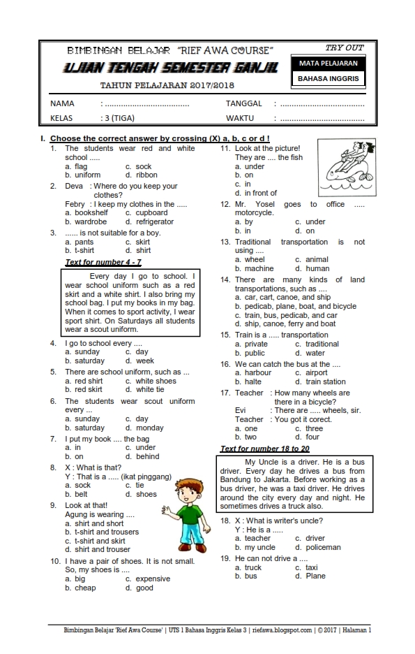 Download Soal  Ujian  Tengah  Semester  Ganjil UTS 1 Bahasa  