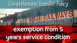 Comprehensive Transfer Policy – Exemption from 5 years service condition – Indian Railways – NFIR