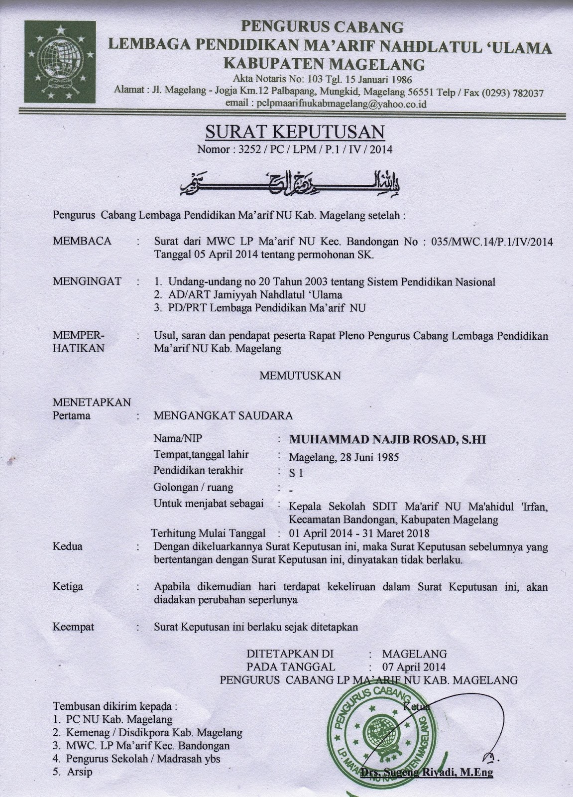 -:7313:-: CONTOH SURAT PENGANGKATAN KEPALA SEKOLAH