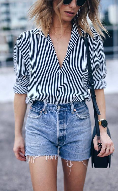 casual style obsession / stripped shirt + black bag + denim shorts
