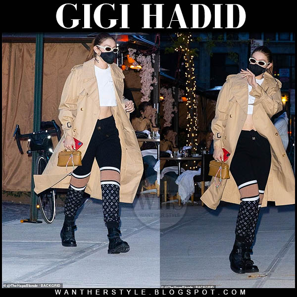 Gigi Hadid in beige trench coat and printed pants