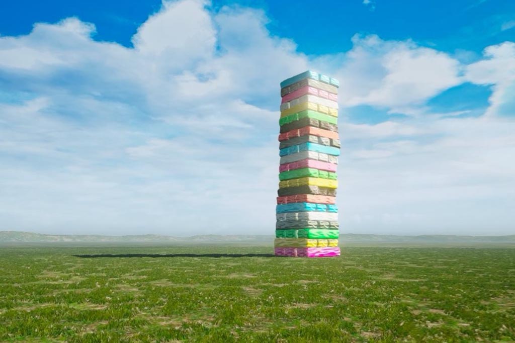 Multicolored stones arranged into a large jenga stack reaching into the sky.