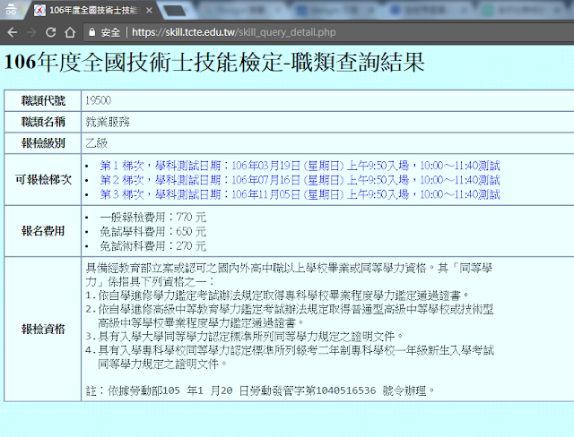 就業服務 106年度全國技術士技能檢定-職類查詢結果