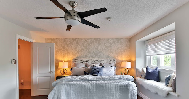 Modern ceiling fan in the bedroom.