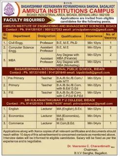 Bangalore, Professor, Assistant Professor Faculty Jobs in Amruta Institute of Engineering and Management Sciences Recruitment