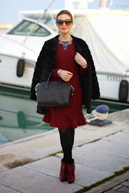 black faux fur, Carven burgundy dress, Givenchy Antigona bag, Fashion and Cookies, fashion blogger