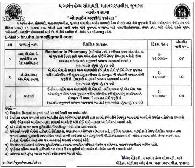 Staff Nurse, Pharmacist Cum Data Assistant Job - UHS Junagadh Recruitment 2021