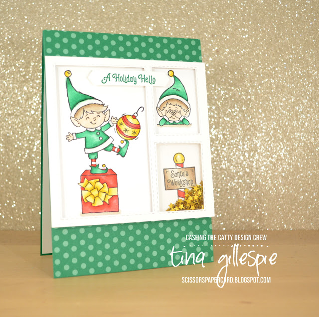 scissorspapercard, Stamping' Up!, CASEing The Catty, # Elfie, Stampin' Blends, In Colour DSP, Stitched Rectangle Dies, Shaker Card, Christmas