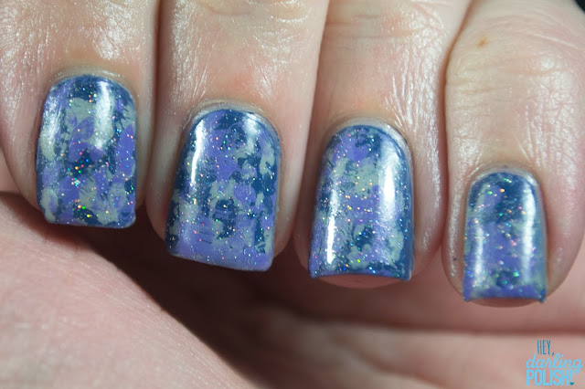 tri-polish challenge, nails, nail art, hey darling polish!, splotches, blue, purple, grey, fairy dust, china glaze