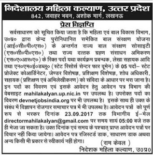 Mahila Kalyan UP Recruitment 2017, Junior Assistant, Manager