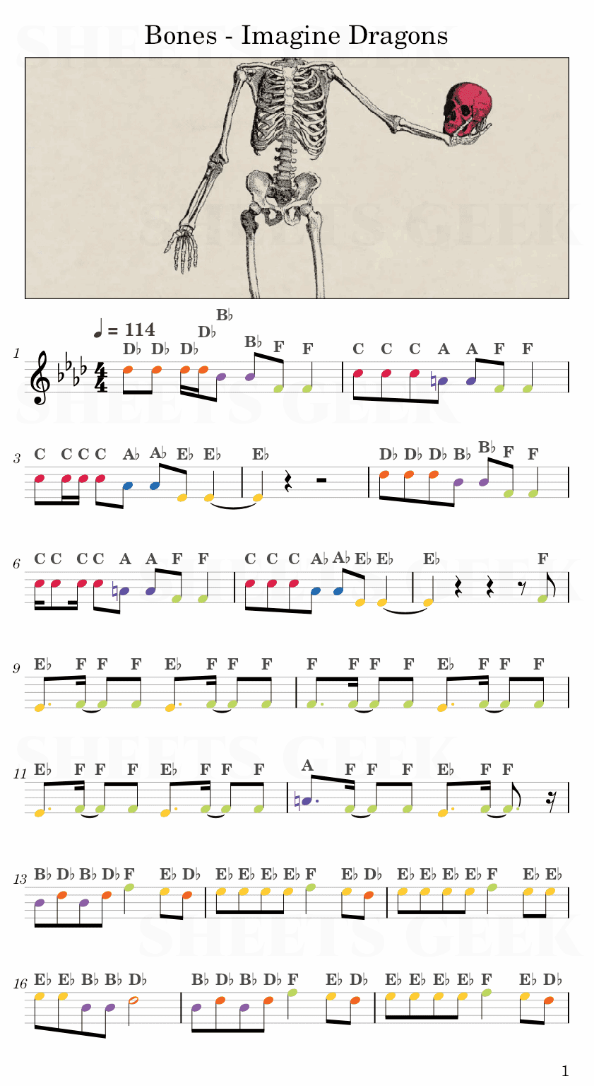 Bones - Imagine Dragons Easy Sheet Music Free for piano, keyboard, flute, violin, sax, cello page 1