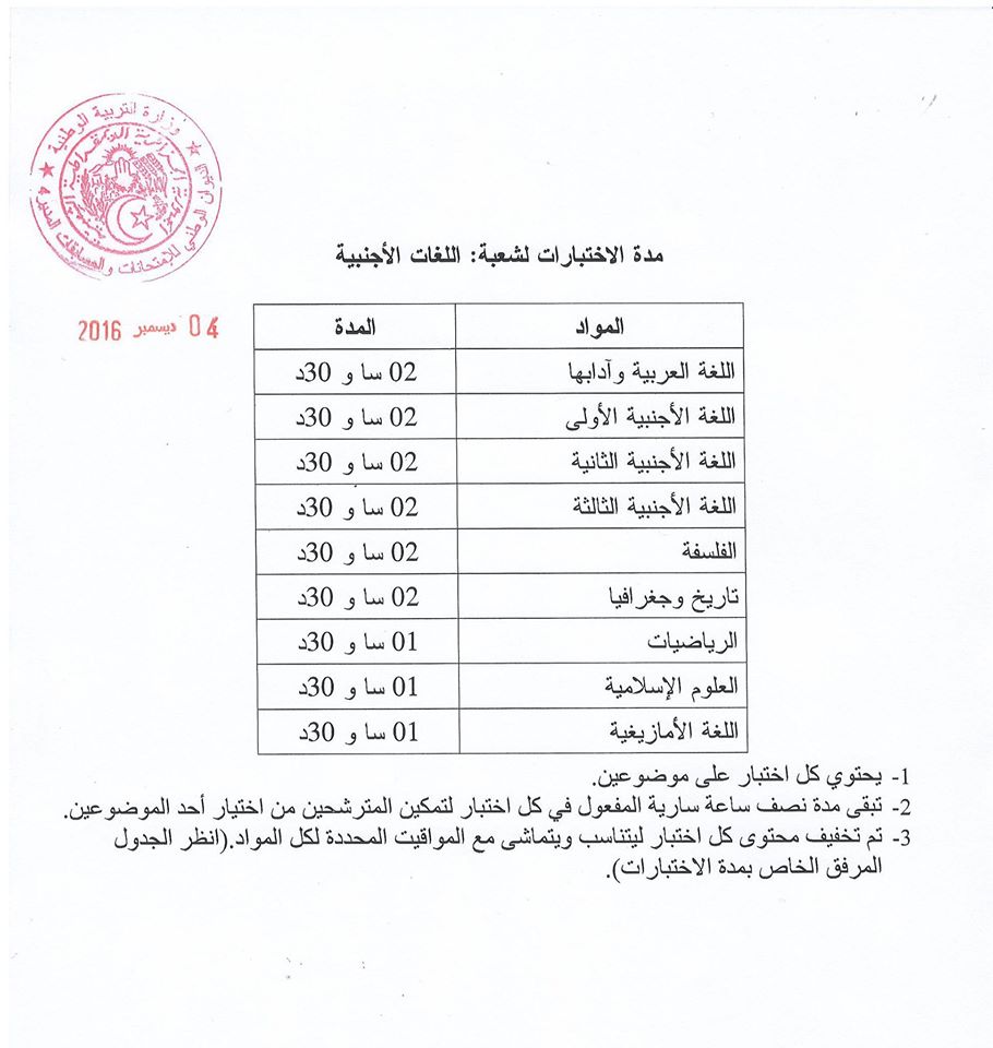 جدول سير اختبارات شهادة البكالوريا لغات اجنبية :