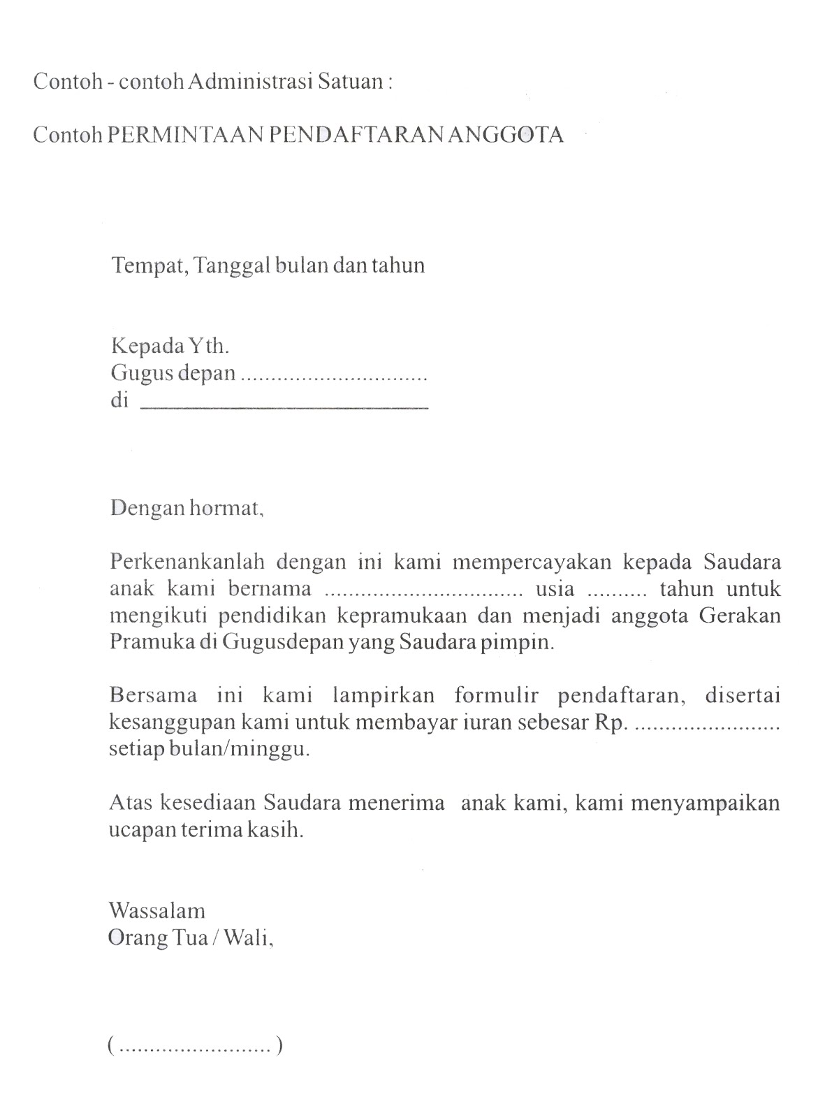 Contoh Formulir Pendaftaran Ekstrakurikuler Pramuka 