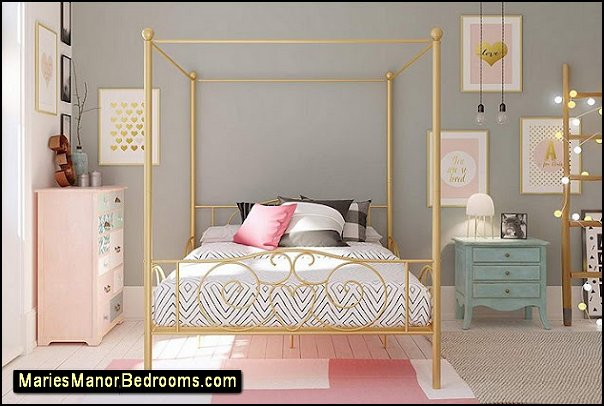 Canopy Bed Metal bed Gold bed blush pink bedroom decorating ideas