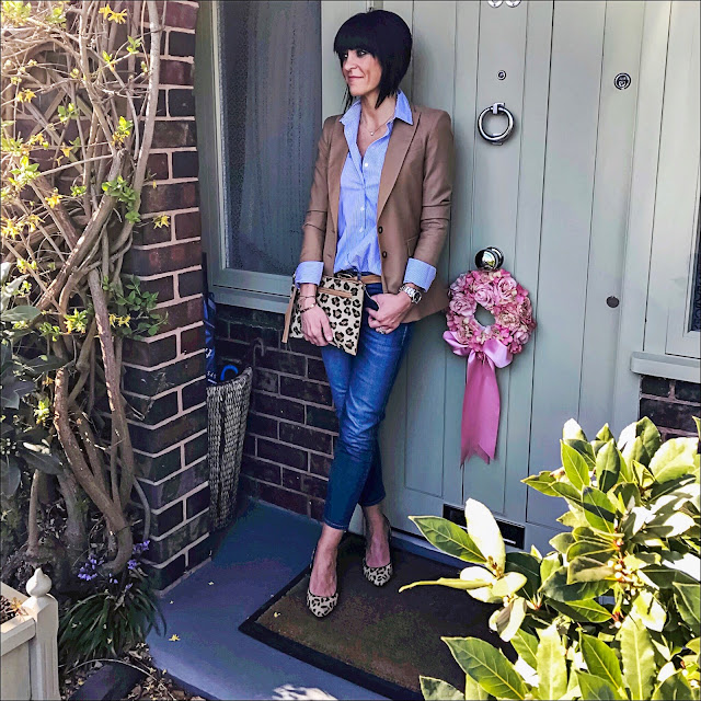 My Midlife fashion, baukjen westbury blazer, baukjen thompson striped shirt, baukjen the boyfriend jeans, next leopard print court shoes, village england Thurlaston leopard print clutch bag, massimo dutti slim leather tan belt