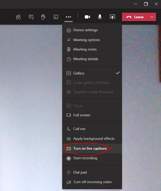 Screenshot showing where to turn captions on in Teams