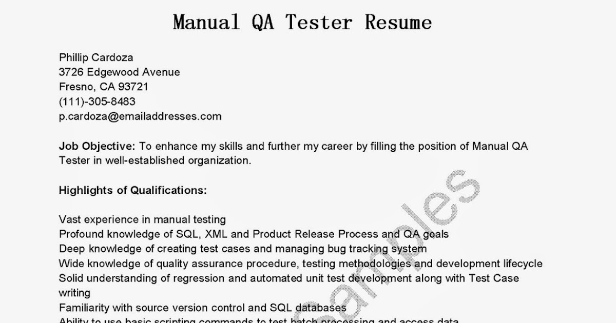 Resume Samples Manual QA Tester Resume Sample