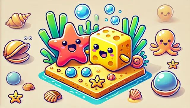 Cheerful Sponge and Starfish Friends in a Colorful Underwater Isometric Scene