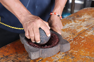 El guía muestra cómo moler el cacao con una piedra para hacer delicioso chocolate artesanal.