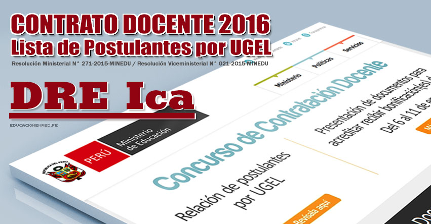 DRE Ica: Lista de Postulantes por UGEL para Plazas Vacantes - Contrato Docente 2016 - www.dreica.gob.pe