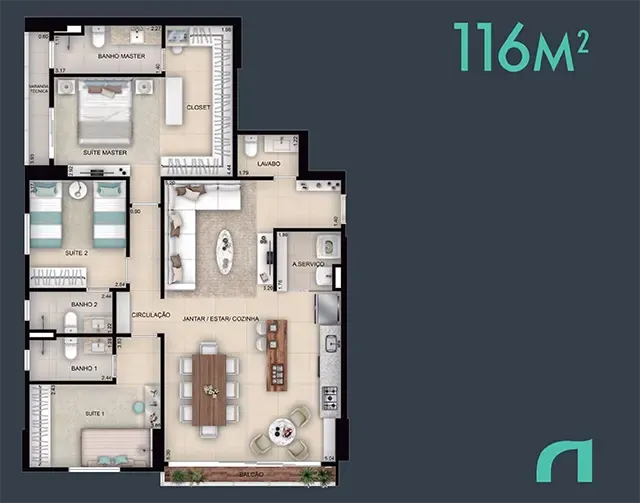 Planta apartamento Hit marista de 116m²