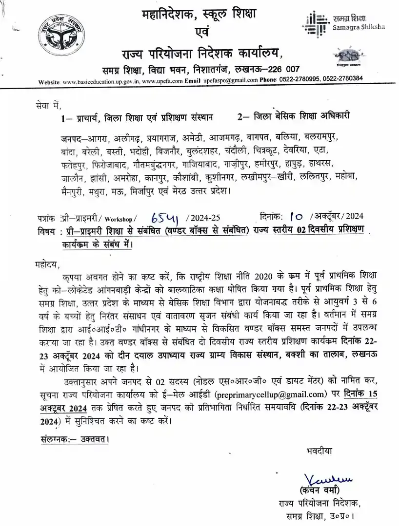 प्राइमरी से संबंधित (वण्डर बॉक्स से संबंधित) राज्य स्तरीय 02 दिवसीय नोडल SRG और DIET Mentor के प्रशिक्षण के संबंध में। SRG TRAINING Wonder Box