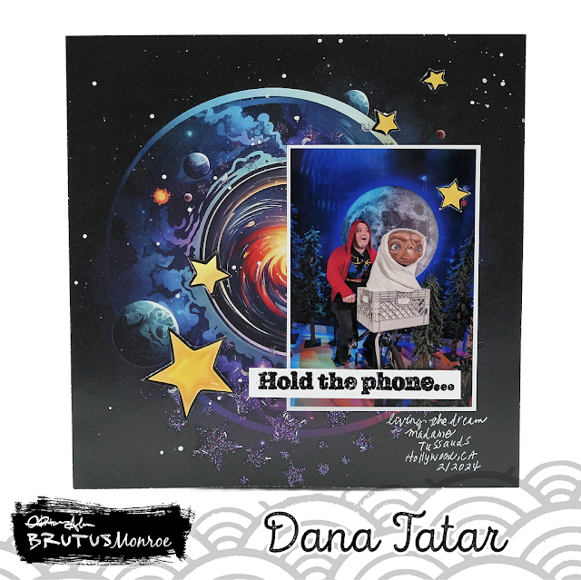 Brutus Monroe space themed glitter stars galaxy 6x6 scrapbook layout which highlights a favorite moment at Madame Tussauds Wax Museum with E.T.