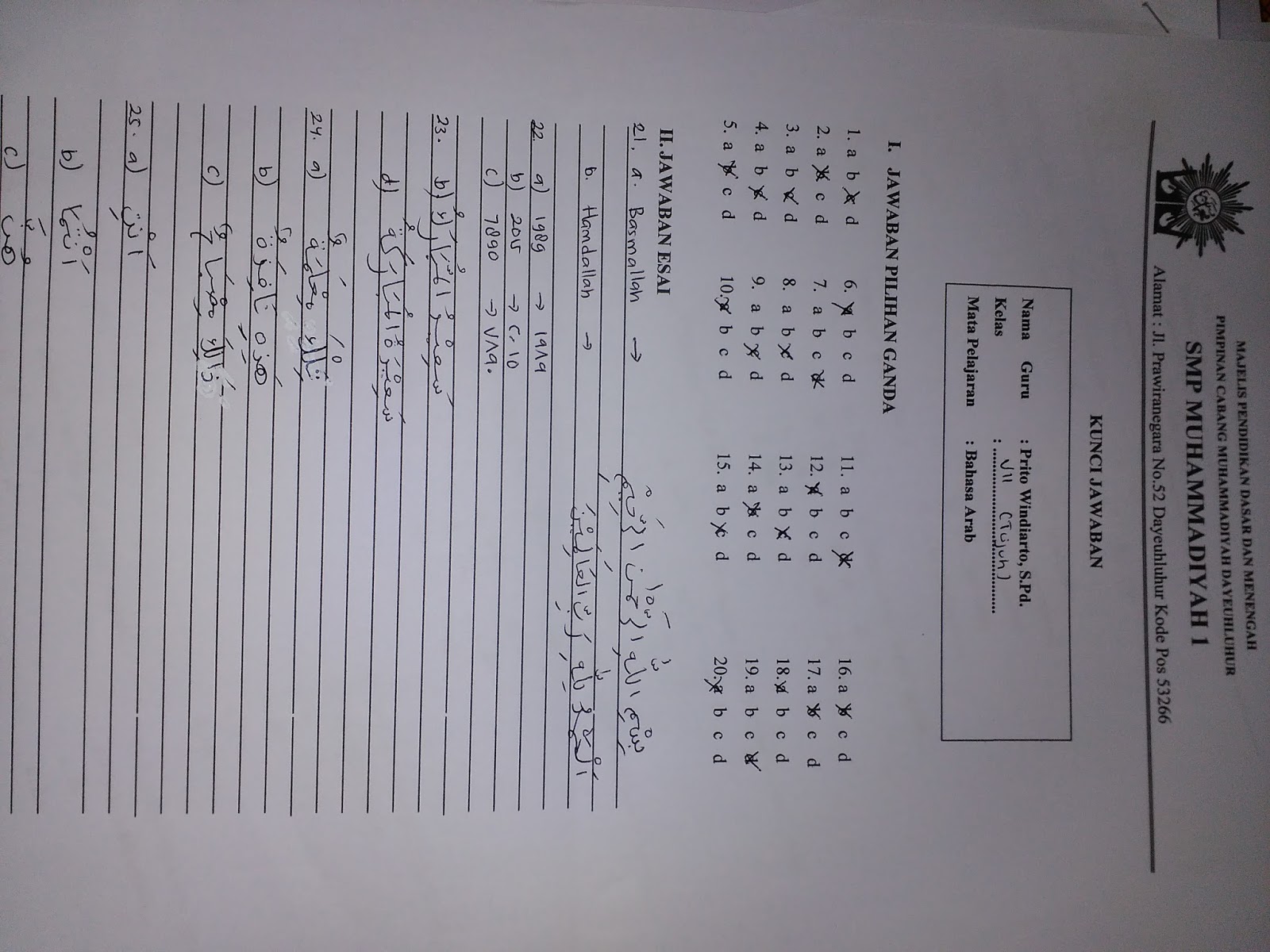 Kunci Jawaban Pilihan Ganda Soal UAS Bahasa Arab Kelas 7 SMP MTs Semester 1 dan Kunci Jawabannya