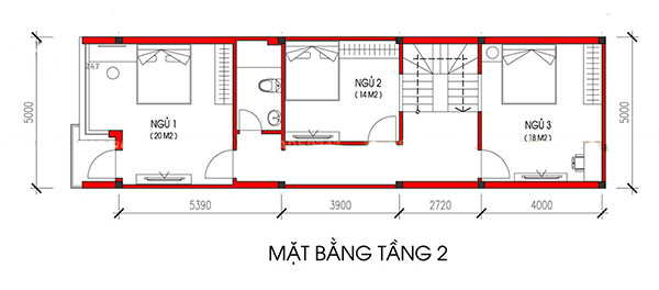 Mẫu nhà ống 2 tầng 3 phòng ngủ