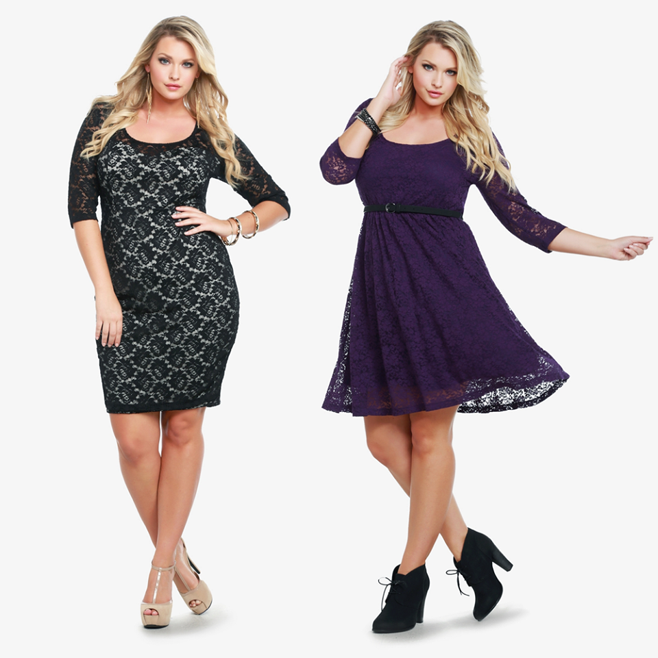 Torrid black lace body-con dress and fit n flare purple lacy dress