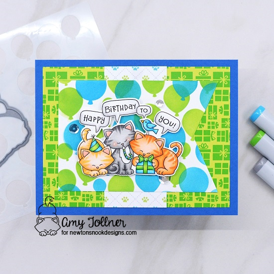 Newton's Birthday Trio Stamp and Die Set, Bokeh Balloons Stencil Set, A Cat's Life Paper Pad, Birthday Party Paper Pad by Newton's Nook Designs #newtonsnookdesigns #newtonsnook #nnd #handmade