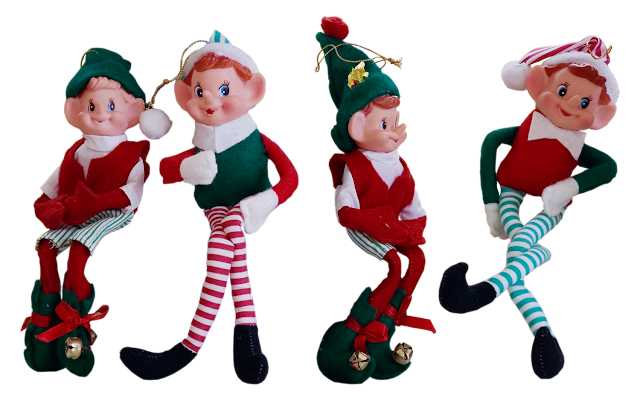 A set of 4 vintage Christmas elves; typically, today these are known as "elf on the shelf", but these ones existed long before elf-on-the-shelf came along. Circa 1950s.