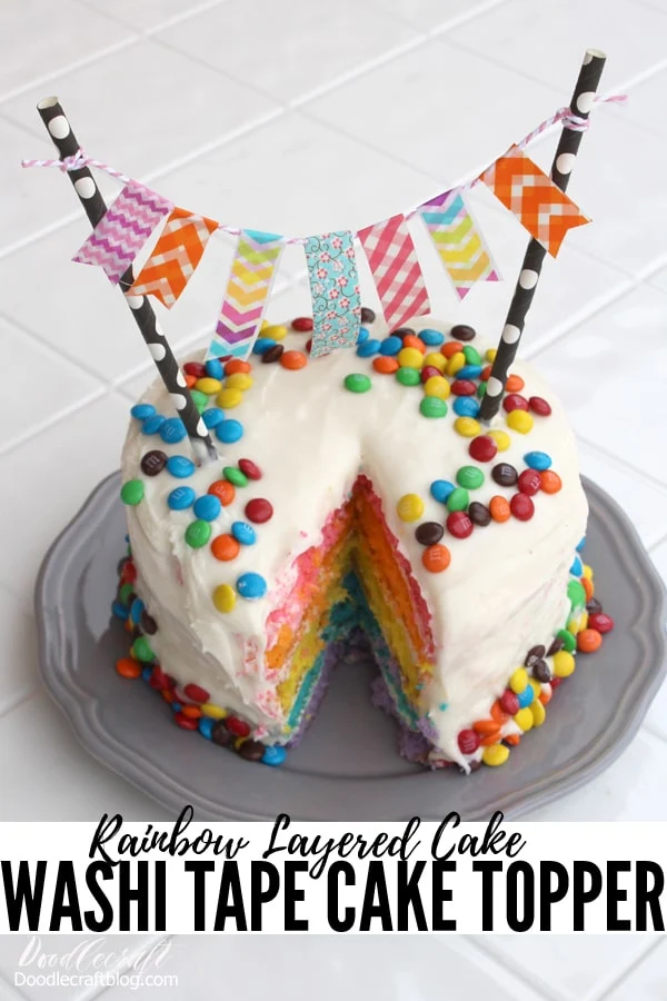 Make the perfect rainbow layered cake with an adorable washi tape bunting topper. This simple DIY is perfect for the centerpiece of a party or holiday. One box cake mix is all that is needed for this 5 layer rainbow cake!