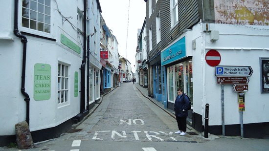 Walking up the cobbled street.