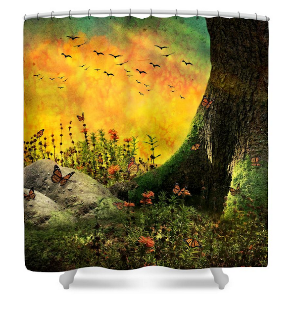 http://fineartamerica.com/products/monarch-meadow-ally-white-shower-curtain.html