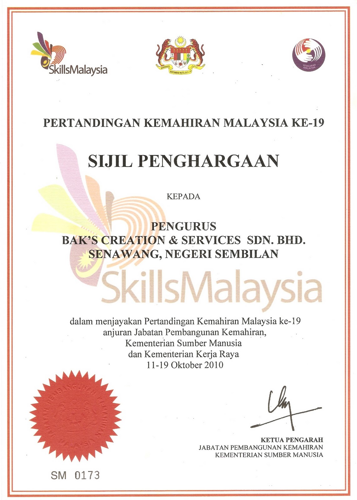 Bak s Creation Services Sdn Bhd SIJIL SIJIL PENGHARGAAN