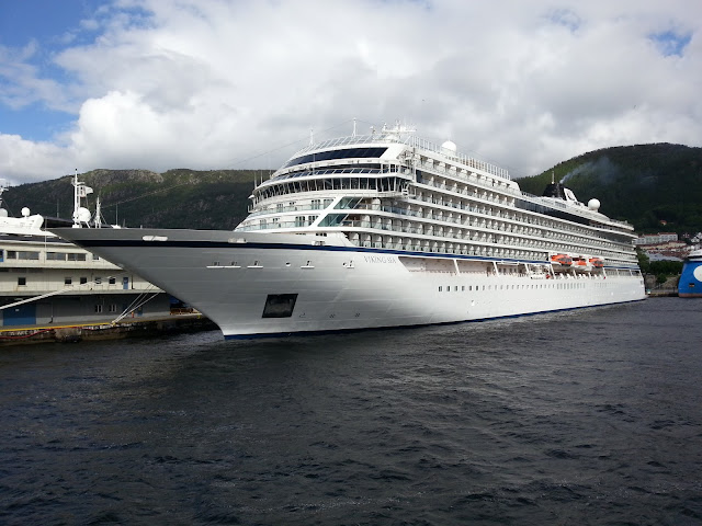 Luxury cruise ship Viking Sea in Bergen, Norway; Fjords cruise; Ships in Bergen