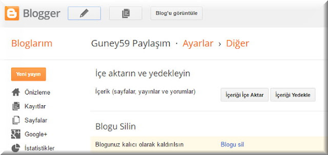  Üst kısımda, “İçe aktarın ve yedekleyin” seçenek menüsünde, İçeriği İçe Aktar ve İçeriği Yedekle seçeneğini göreceksiniz. İçeriği Yedekle butonuna tıklayarak tüm blogunuzu yedekleyin.