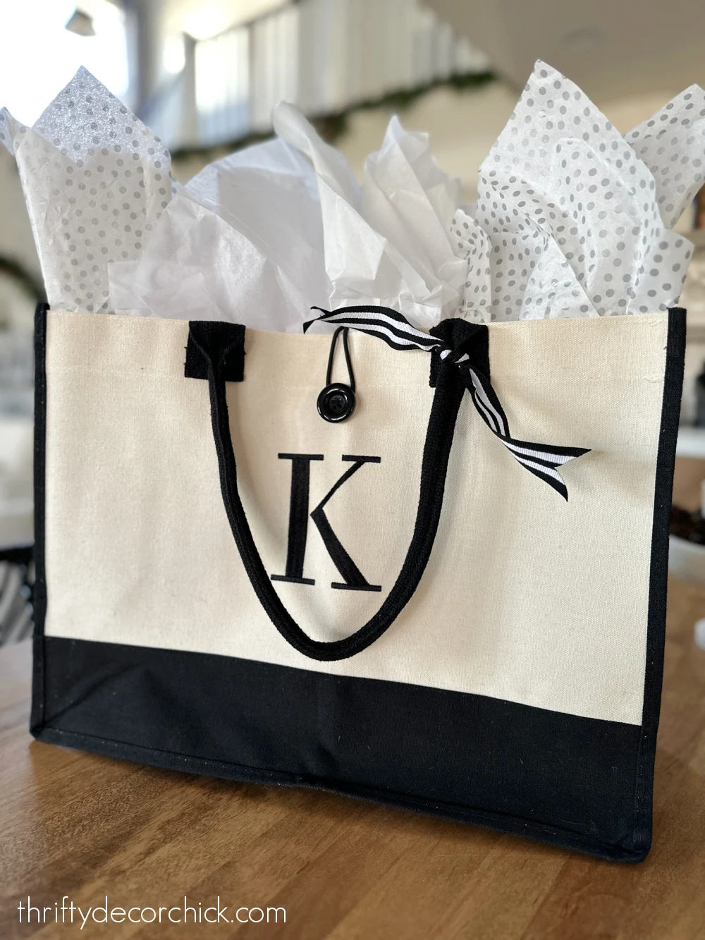 black cream initial tote