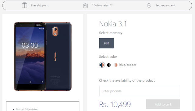 Nokia 3.1 goes on sale in India for Rs.10,499/-