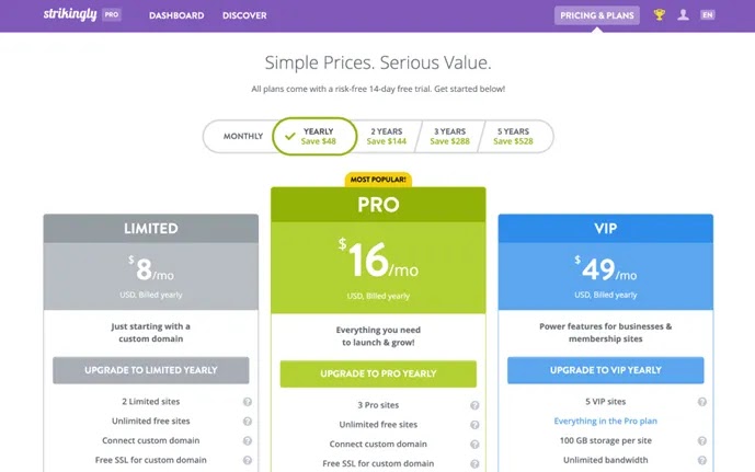 Strikingly Pricing Page