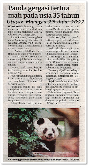 Panda gergasi tertua mati pada usia 35 tahun - Keratan akhbar Utusan Malaysia 23 Julai 2022