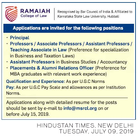 Law Faculty posts at Ramaiah College of Law - last date 15/07/2019