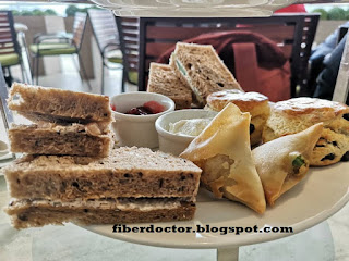 High tea set for 2 - sandwhich, samosa, scone with whipped cream and jam